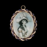 Portrait miniature of Miss Turner of Uxbridge, wearing riding costume trimmed with gold braid and a large plumed hat with bows