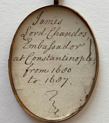 Portrait miniature of James Brydges, 8th Baron Chandos (1642-1714), wearing Turkish dress [1], including fur-lined red pelisse (or kaftan) over blue embroidered waistcoat