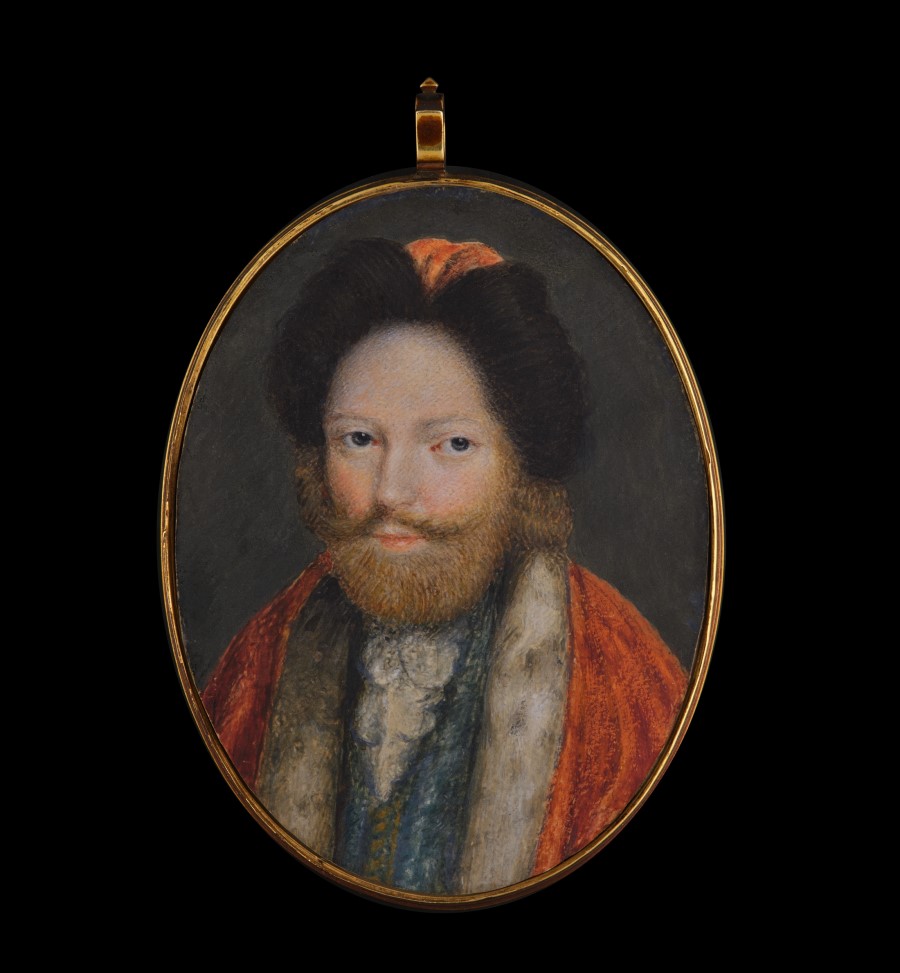 Portrait miniature of James Brydges, 8th Baron Chandos (1642-1714), wearing Turkish dress [1], including fur-lined red pelisse (or kaftan) over blue embroidered waistcoat