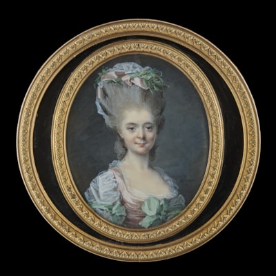Portrait miniature of Charlotte-Albertine-Josèphe-Maria de Buisseret, later Countess Marie-Josephe-Charlotte de Buisseret and the Viscountess de Podenas (1763-1785), wearing low-cut pink satin bodice with white chemise and light green silk bows, her upswept powdered hair entwined with pink silk ribbon, green foliage and white gauze; 1778