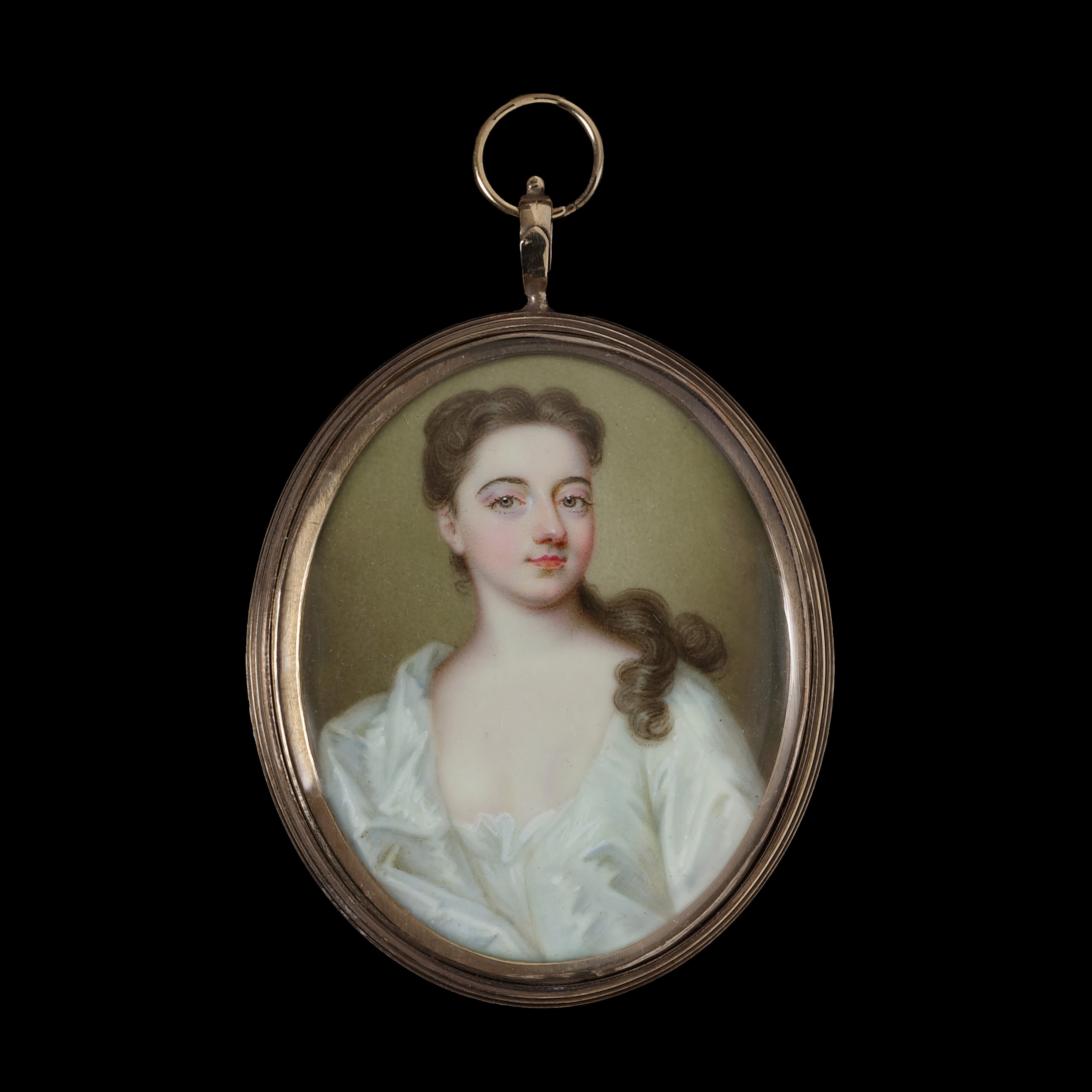 Portrait enamel of a Lady wearing a white dress, her long hair falling over her left shoulder