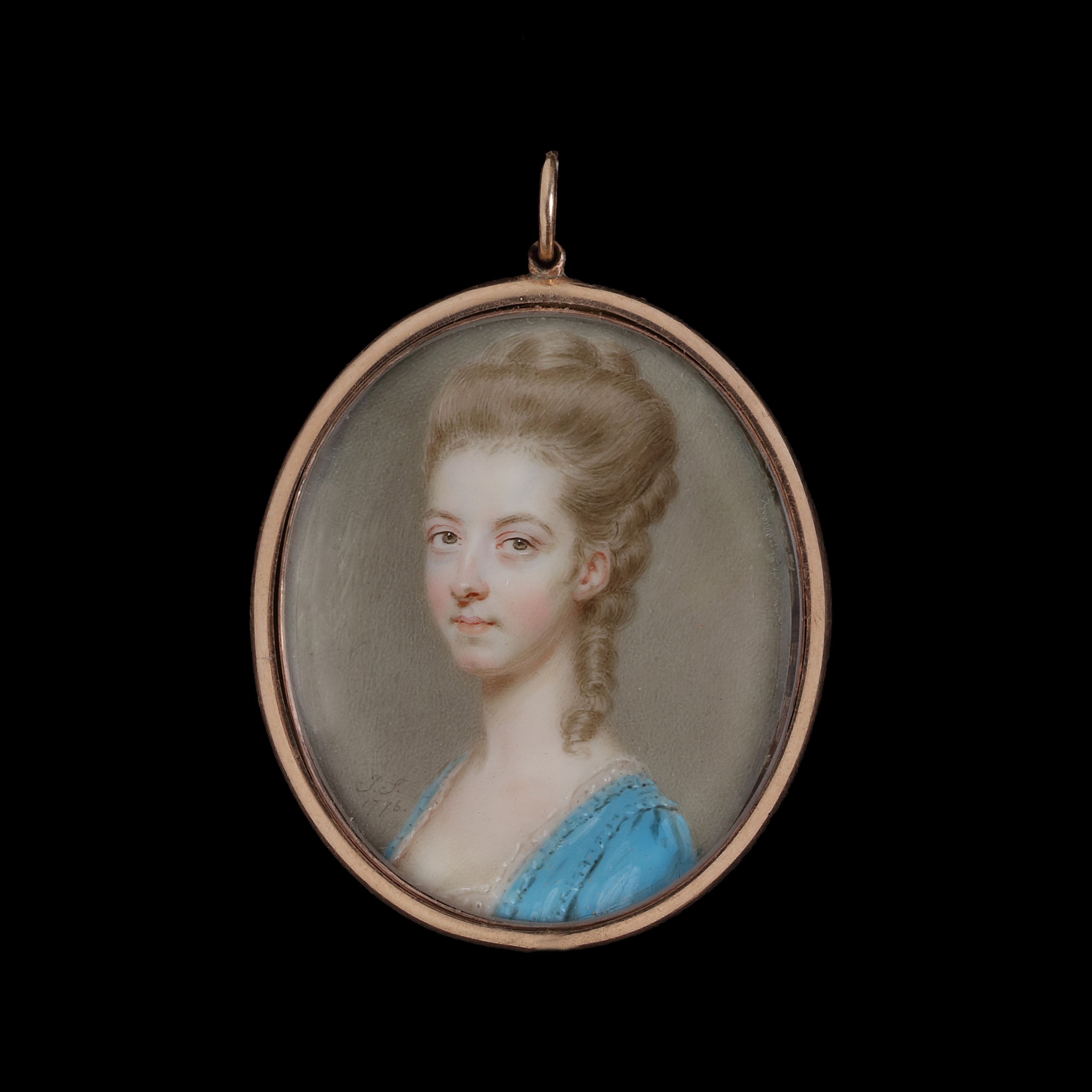 Portrait miniature of a Miss Goulburn, wearing a décolleté blue dress, her brown hair worn upswept