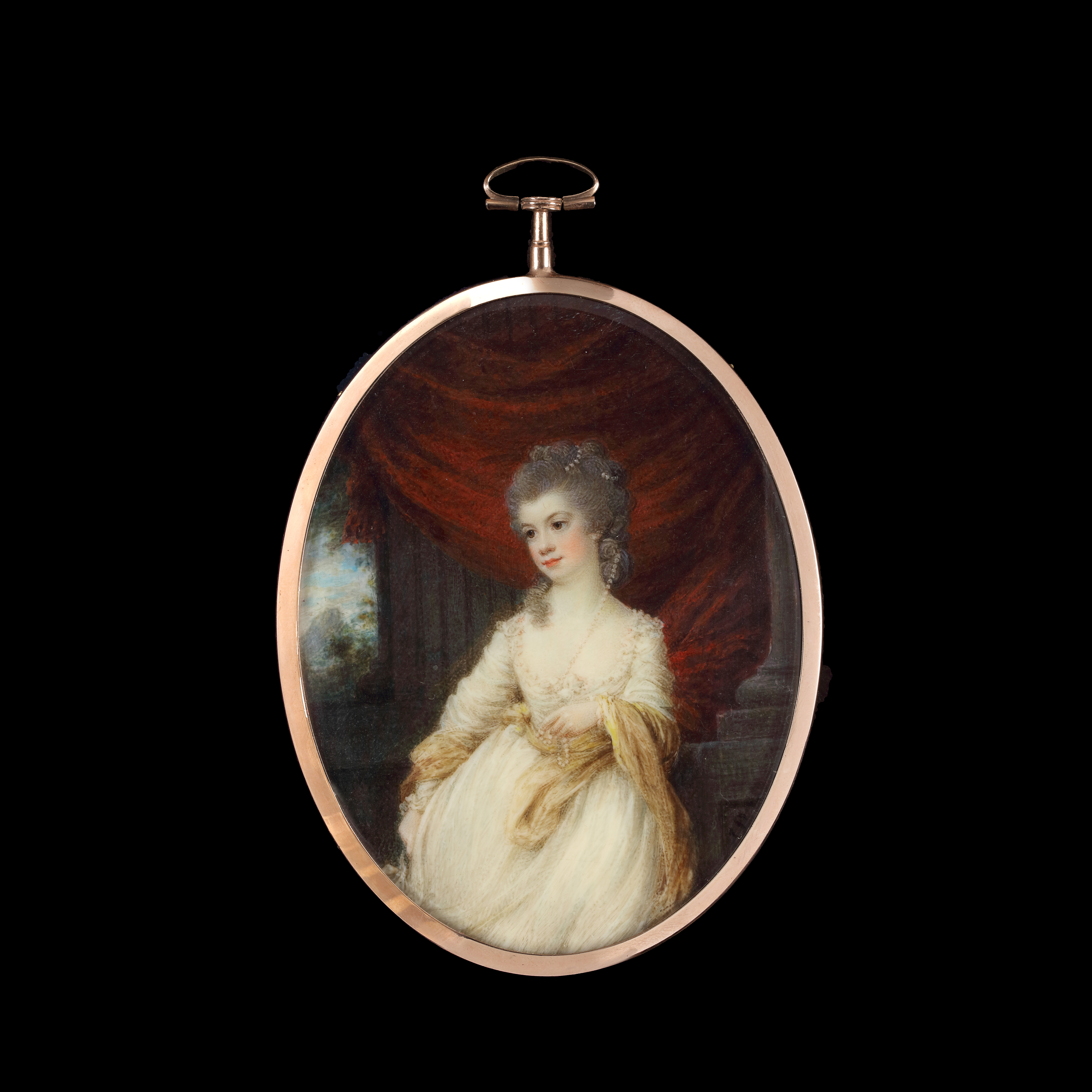 Portrait miniature of a Lady, standing by columns with red drapery, wearing a white dress with gold shawl draped over her arms