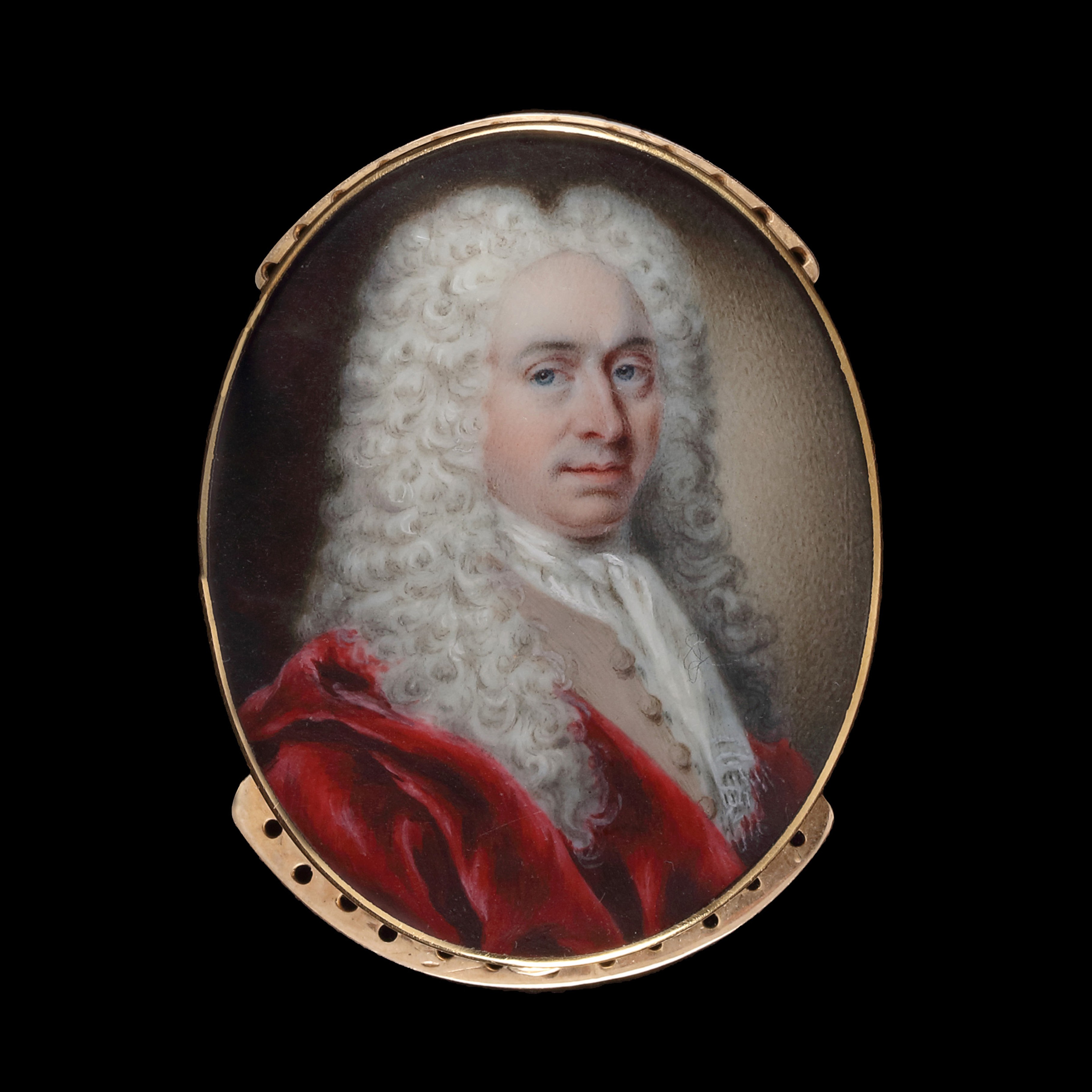 Portrait of a Gentleman, wearing a crimson cloak, beige waistcoat, white stock and cravat, and a full-bottomed wig