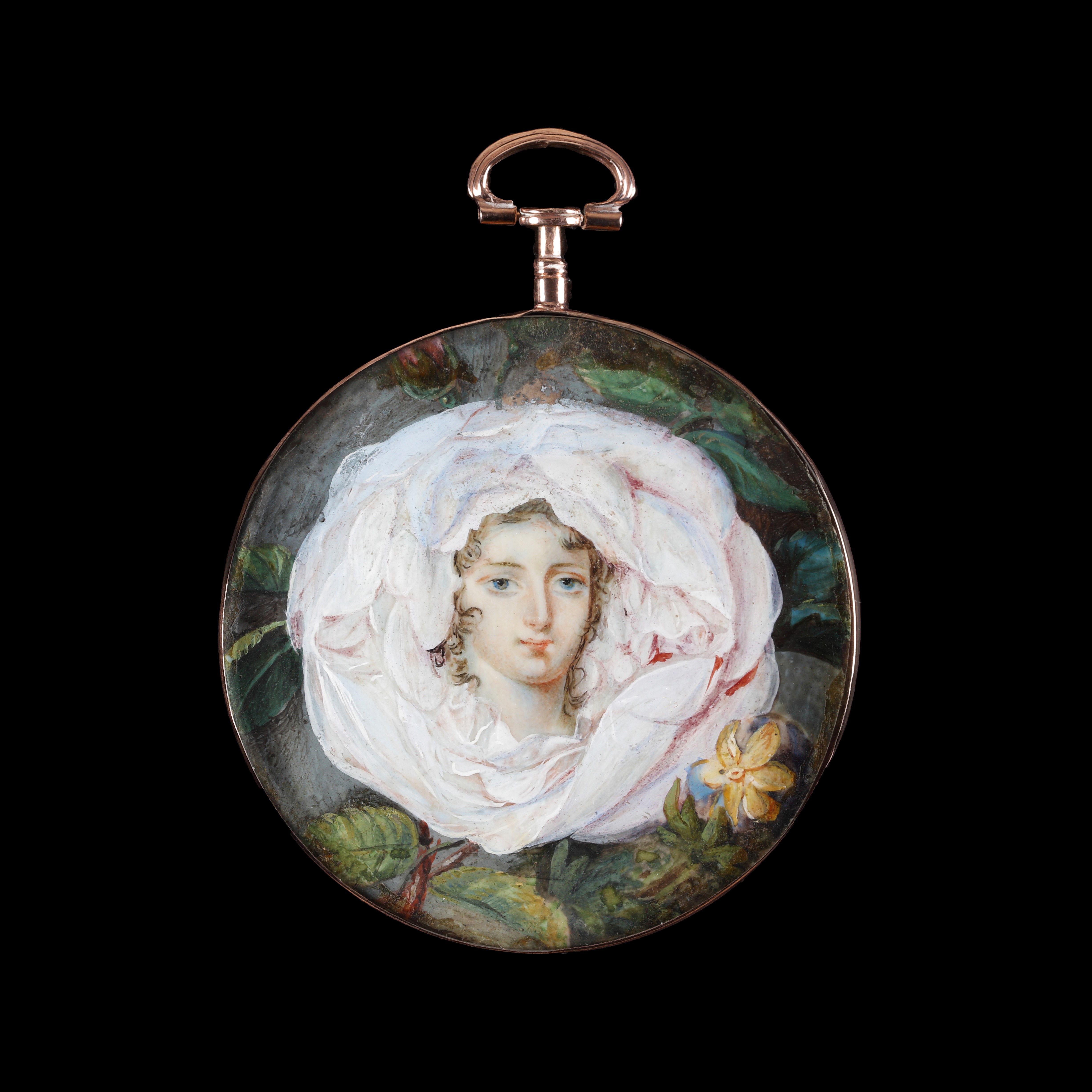 Portrait miniature of a Lady in a pale pink rose, with other flowers surrounding her