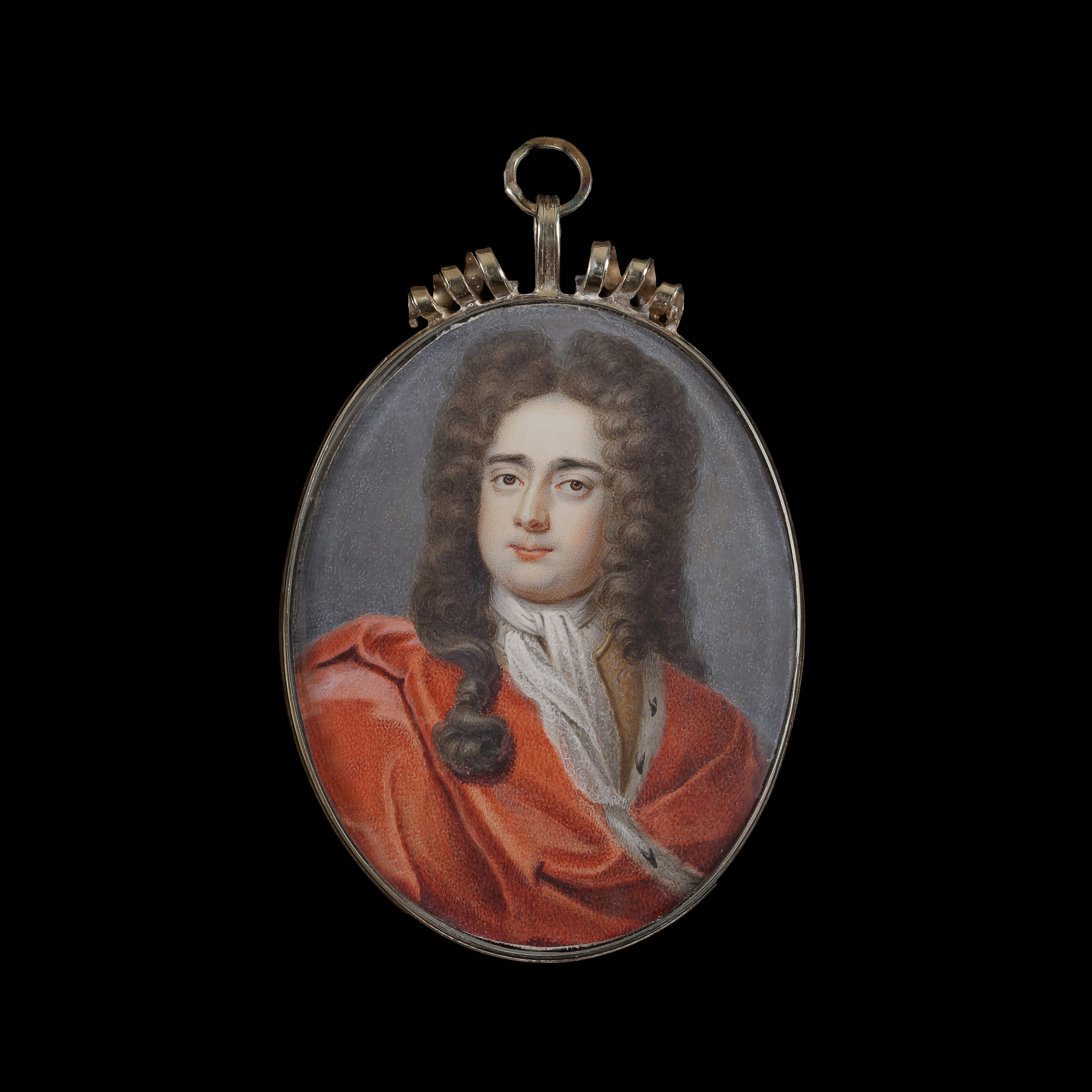 Portrait miniature of Sir Edward Bayly, Bt., in an ermine-bordered red cloak, with white lace jabot, and long dark curling hair 