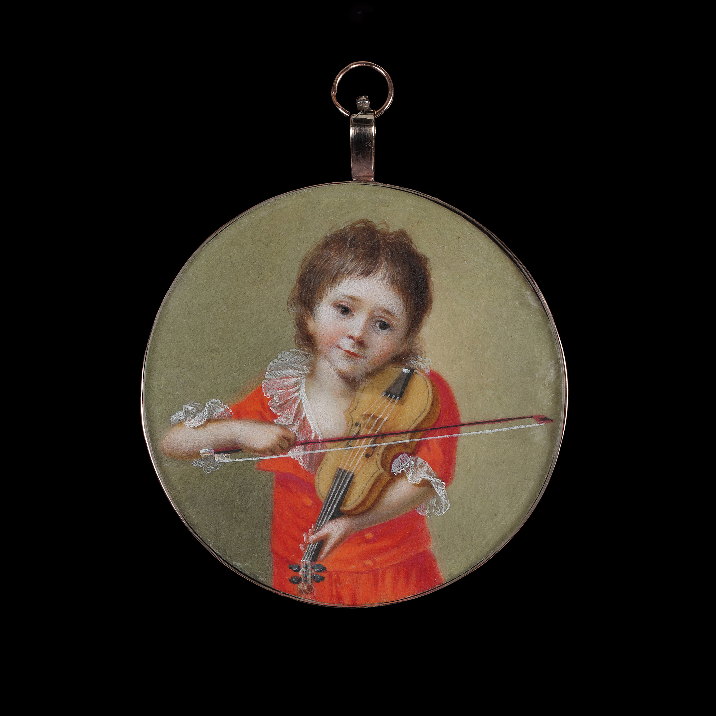 Portrait of a young Violinist, wearing a red ‘skeleton suit’ with lace trim