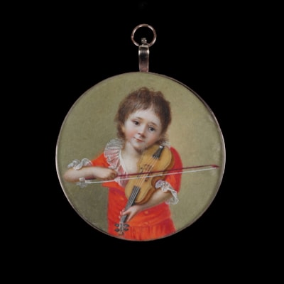 Portrait of a young Violinist, wearing a red ‘skeleton suit’ with lace trim