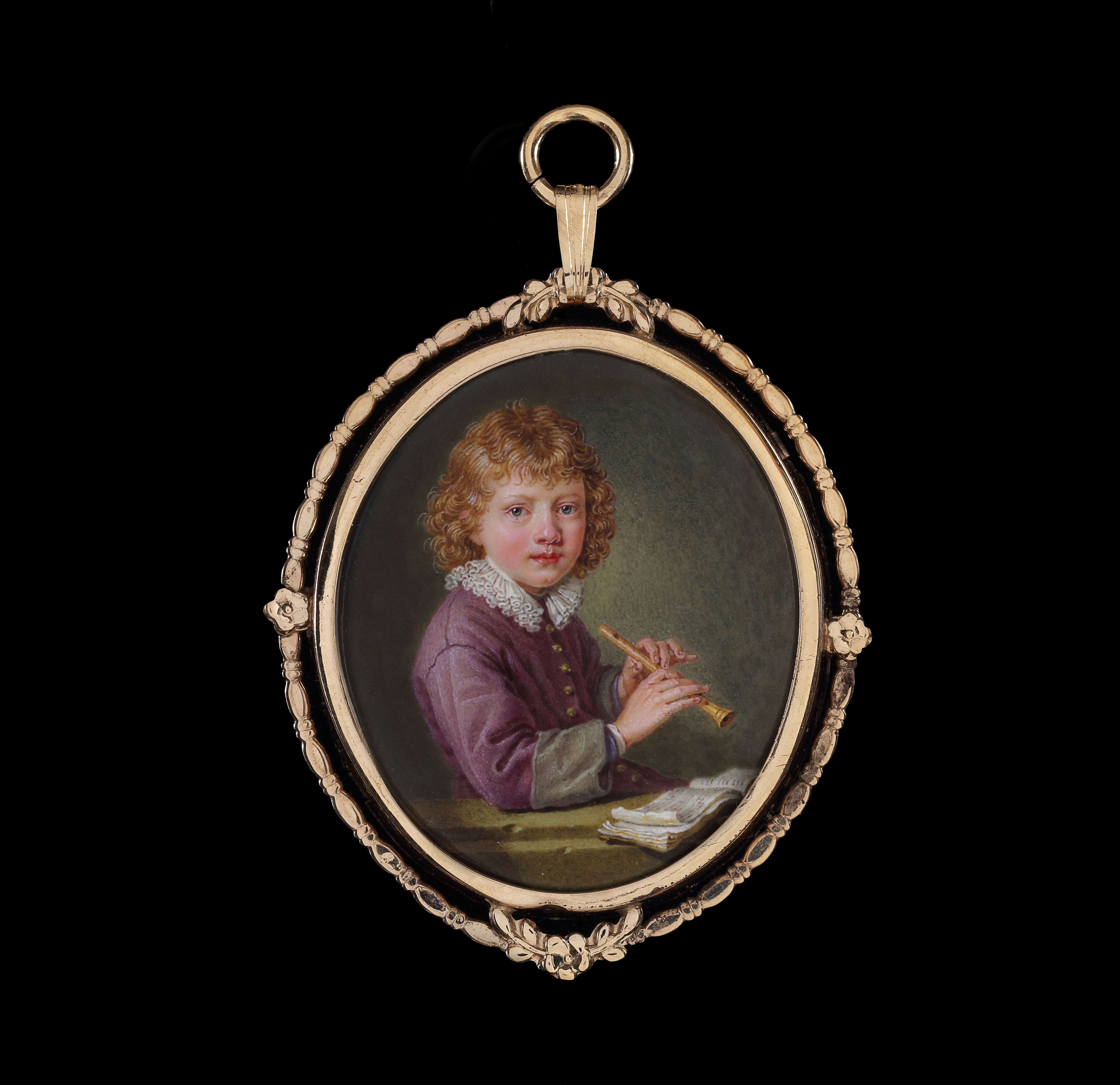 Portrait of a Young Boy, wearing a purple coat with grey cuffs, and a frilled white collar, holding a wooden flute or ‘musette’, sheet music on the ledge in front of him
