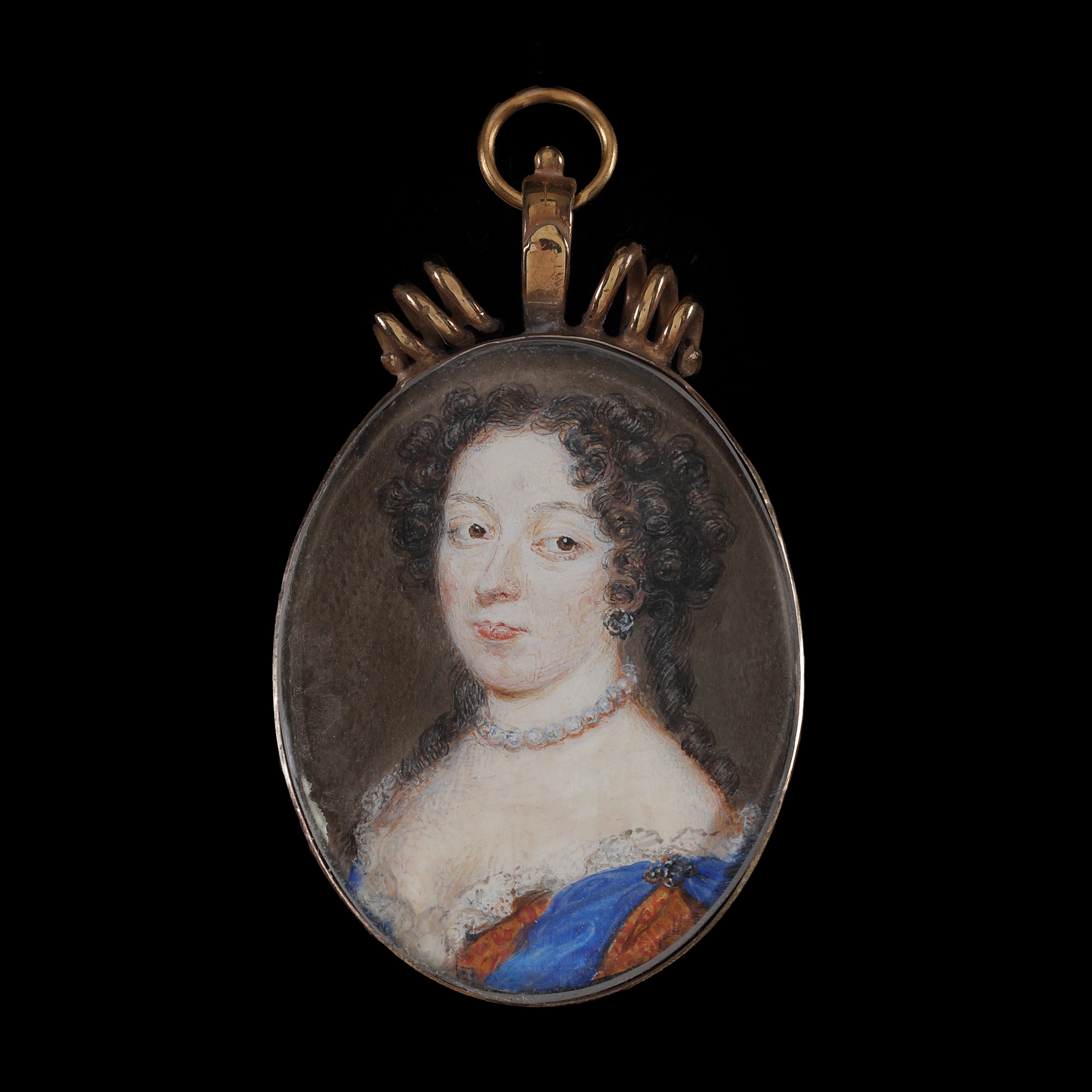 Portrait miniature of a Lady of the French court, possibly Hortense Mancini, Duchess of Mazarin (1646-1699), wearing an orange dress with blue ribbon details, pearl necklace, her dark hair worn curled with ringlets falling over her shoulders; circa 1676