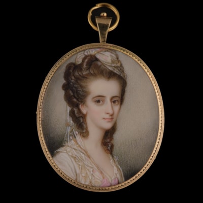 Portrait miniature of a Lady, wearing lace dress with pink embroidery, pink satin bow, a matching turban in her brown hair