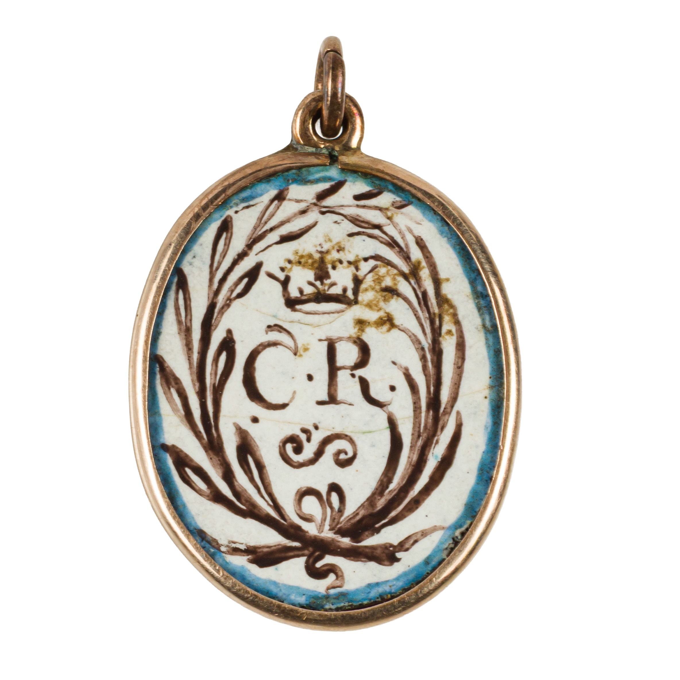 Portrait enamel of of King Charles I (1600-1649), the double-sided enamelled copper plaque, depicting a portrait of King Charles I to one side, counter-enamel with royal cipher 'CR' surmounted with a crown and enclosed by martyr's palms