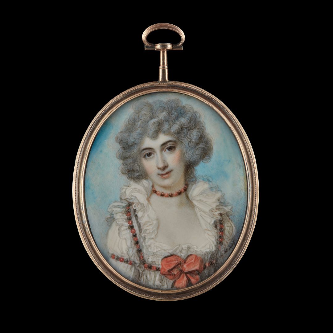 A young lady called Lady Wellesley, facing left in white dress with frilled collar and scarlet bow at bodice, decorated with loops of beads with matching necklace