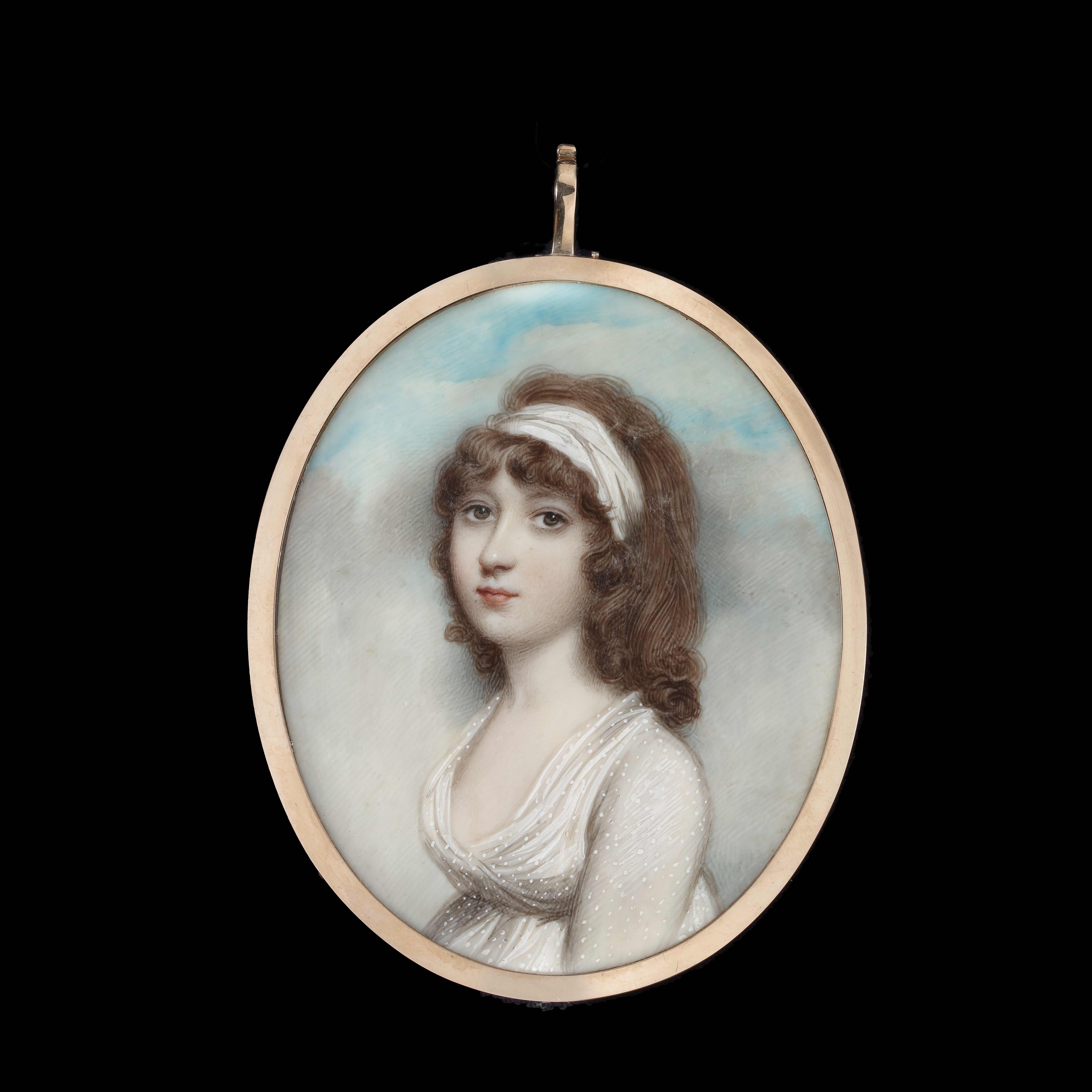 Portrait miniature of a daughter of Robert Graham of Fintry, likely Anne, wearing white dress and a white band in her hair