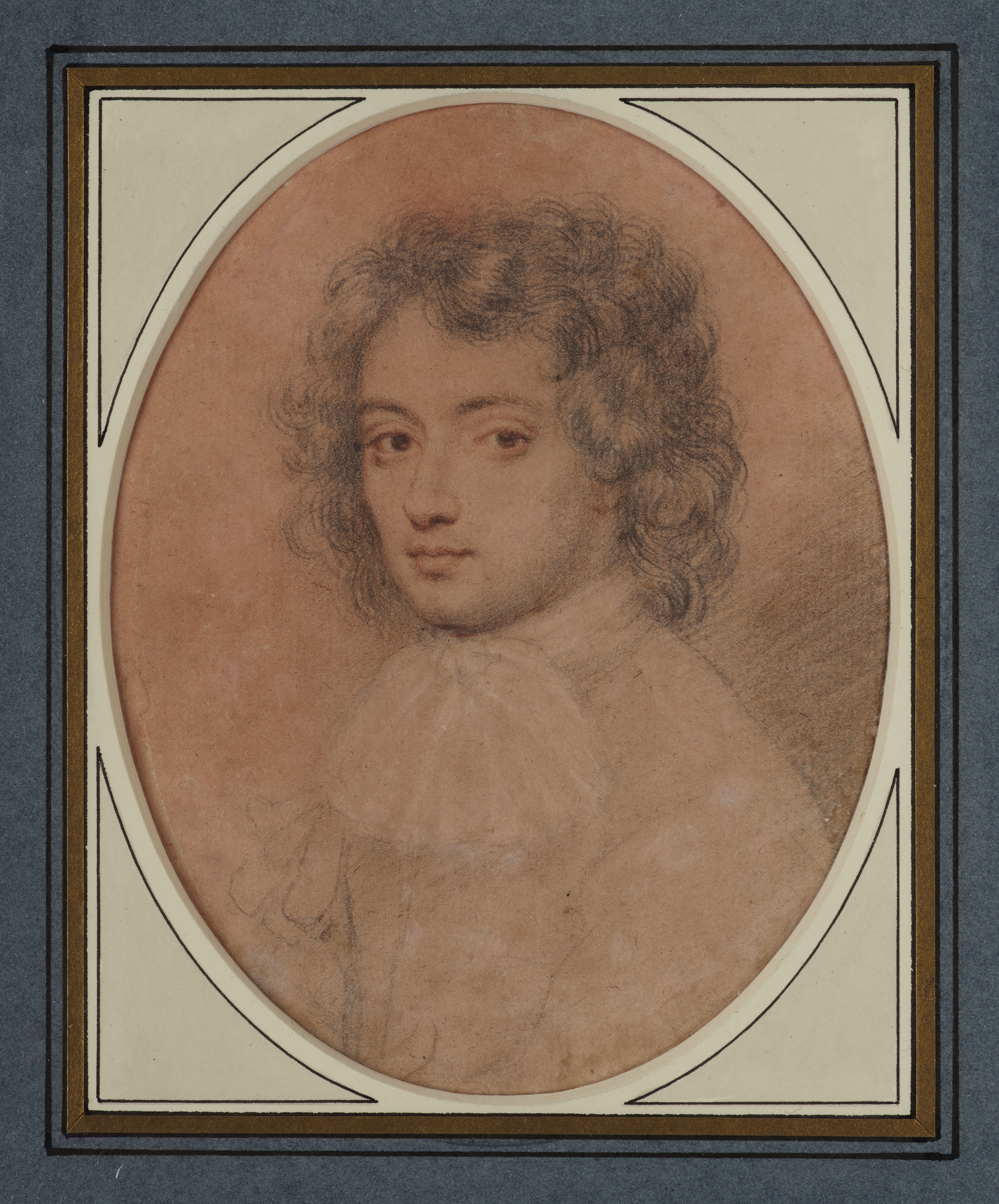 Portrait drawing of an unknown Gentleman, possibly Michael Rosse (d.c. 1735) wearing coat with ribbon decoration and jabot, his hand across his lower body