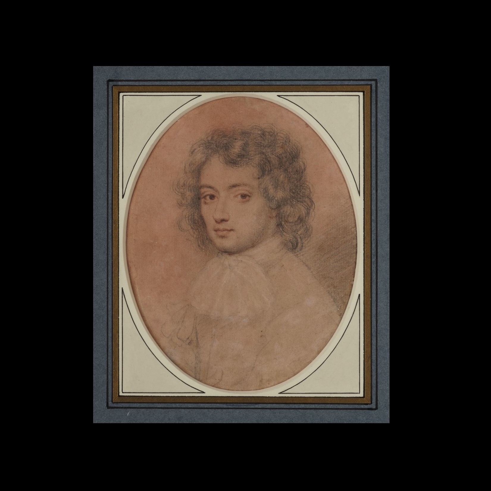 Portrait drawing of an unknown Gentleman, possibly Michael Rosse (d.c. 1735) wearing coat with ribbon decoration and jabot, his hand across his lower body