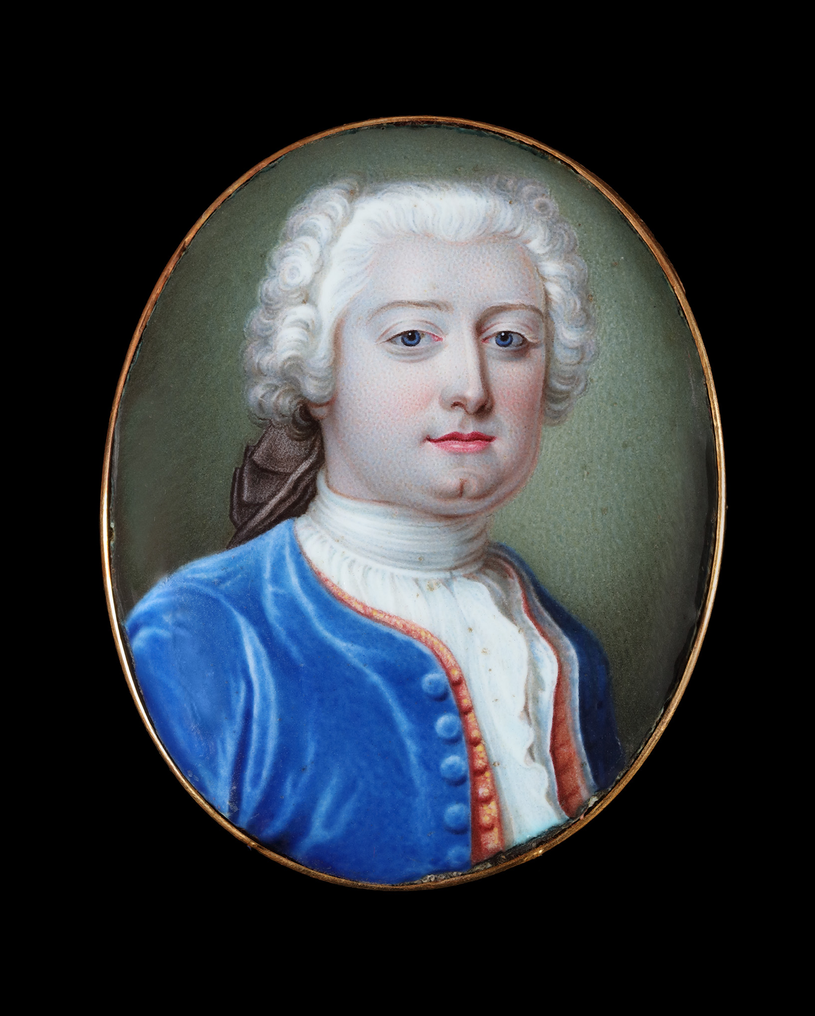 Pair of portrait enamels of husband and wife Sir William Wheler (1702-1763), 5th Bart of the City of Westminster and Lady Penelope Wheler (née Glynne) (1706-1740); he wearing blue coat and red waistcoat; she in white open-fronted gown with lace underdress