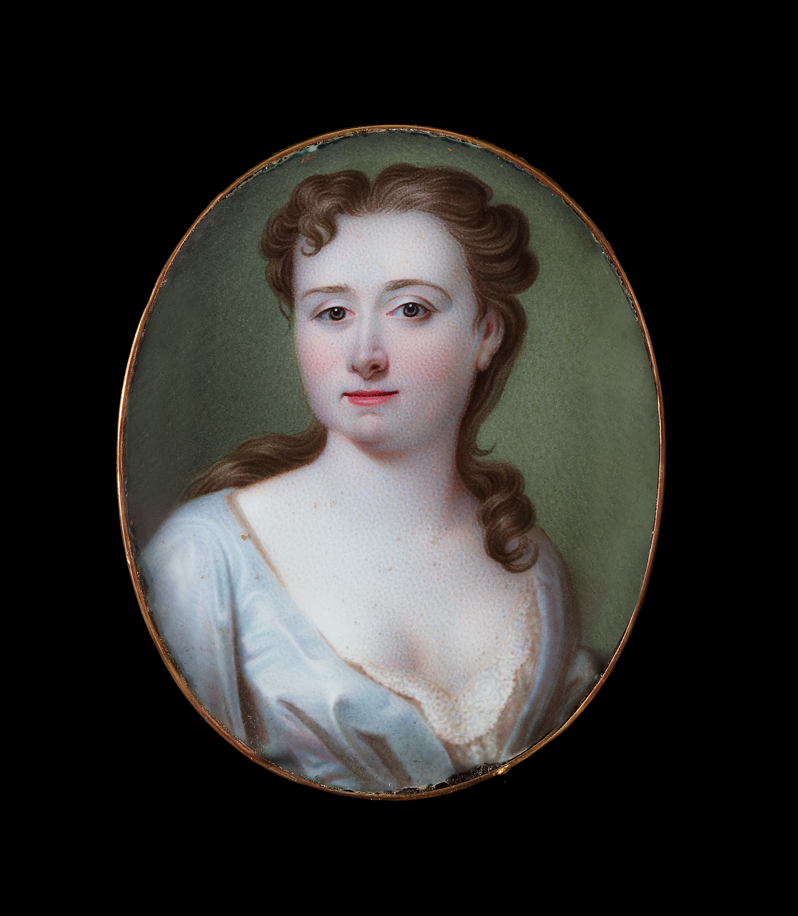 Pair of portrait enamels of husband and wife Sir William Wheler (1702-1763), 5th Bart of the City of Westminster and Lady Penelope Wheler (née Glynne) (1706-1740); he wearing blue coat and red waistcoat; she in white open-fronted gown with lace underdress