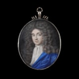 Portrait miniature of a Gentleman, wearing white jabot decorated with white embroidery, blue robes, powdered wig