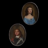 A pair of oil portraits, presumably Husband and Wife; he wearing armour, lawn collar and a red sash around his arm; she wearing lace-trimmed blue dress with diamond and pearl brooch, pearls and pearl-drop earrings