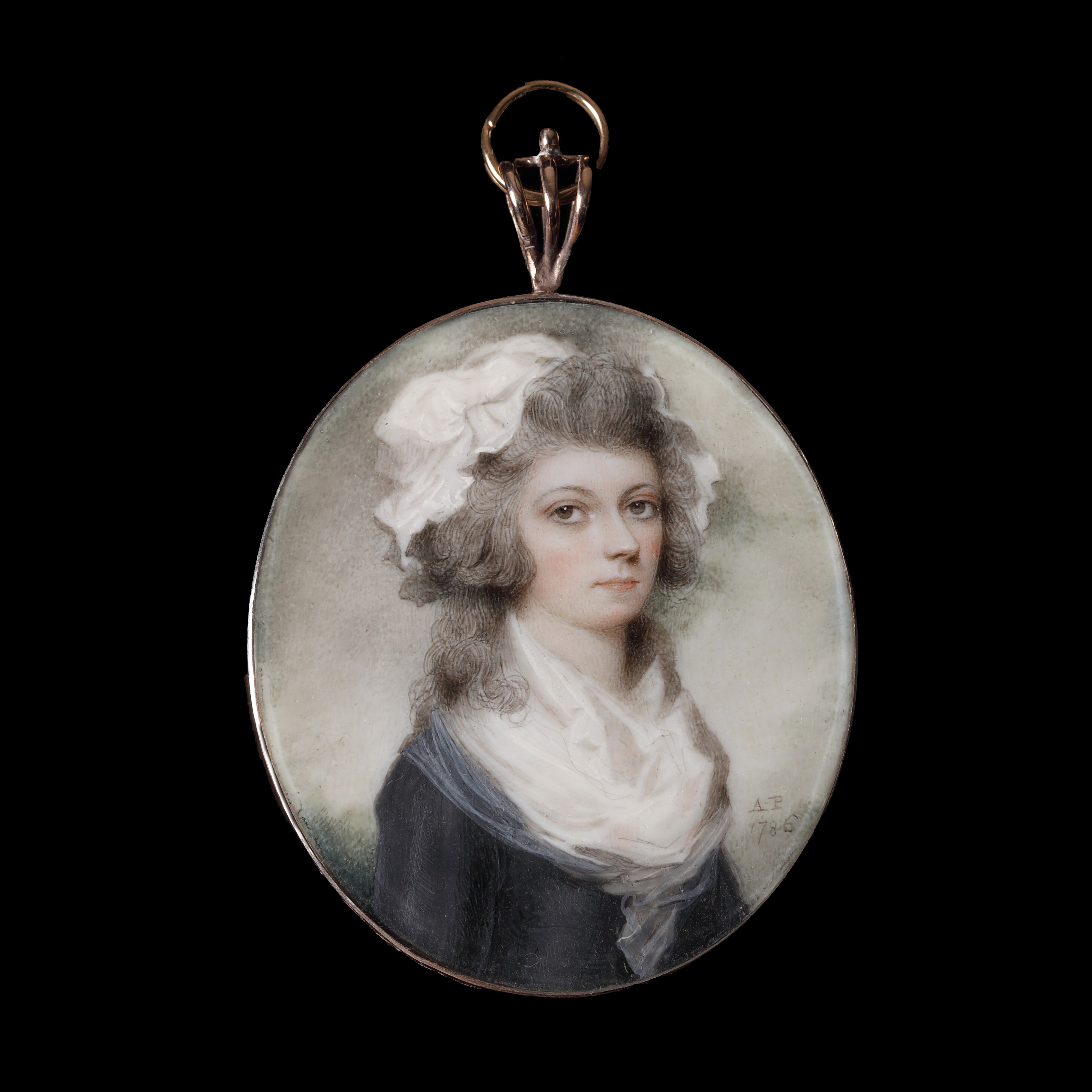 Portrait miniature of a Lady wearing a dark grey dress with a voluminous white fichu, a white cap, her hair powdered and coiffed