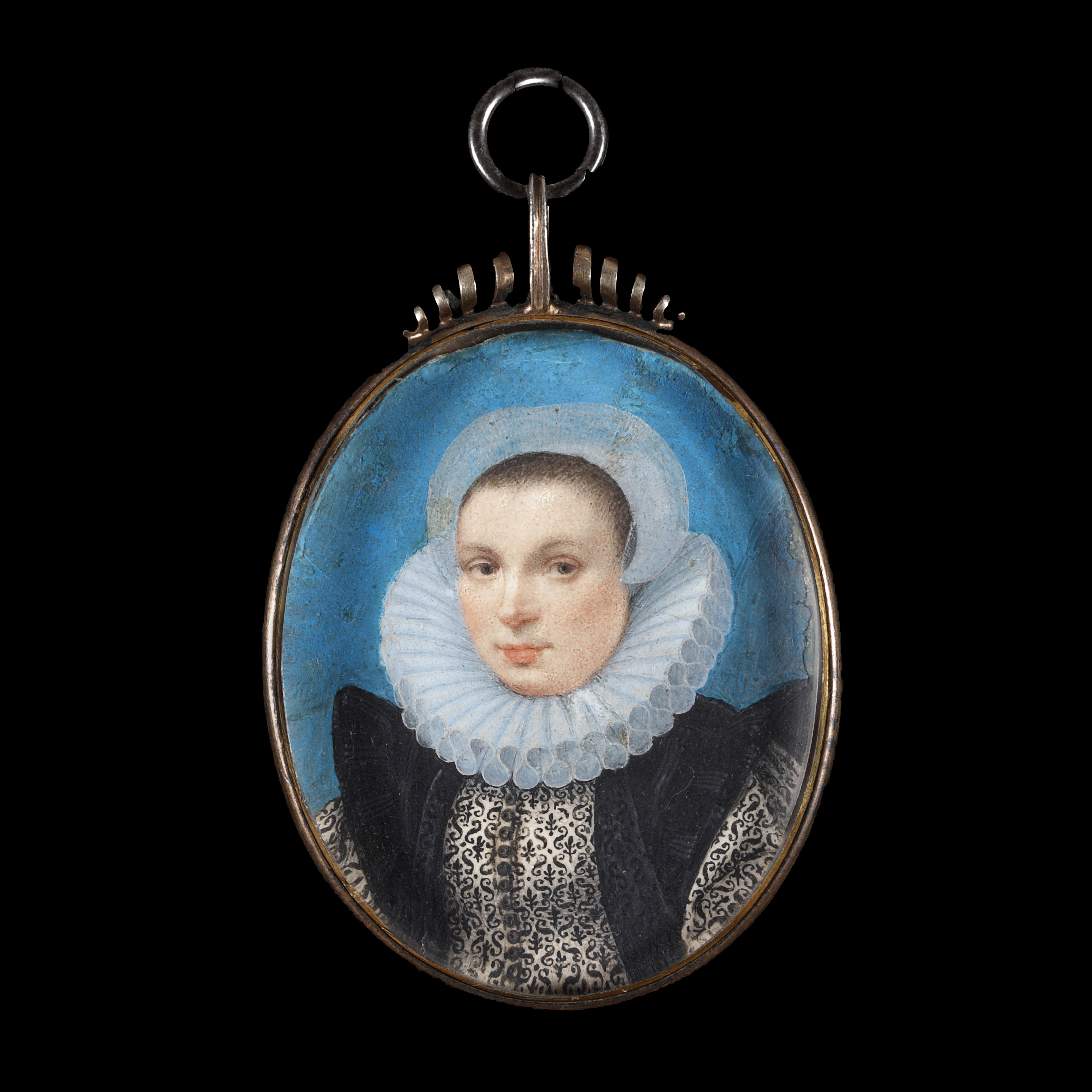 Portrait miniature of a young Lady, wearing gown with double ‘S’ blackwork gown with black silk mantel, also embroidered with the letter ‘S’, lace ruff and coif