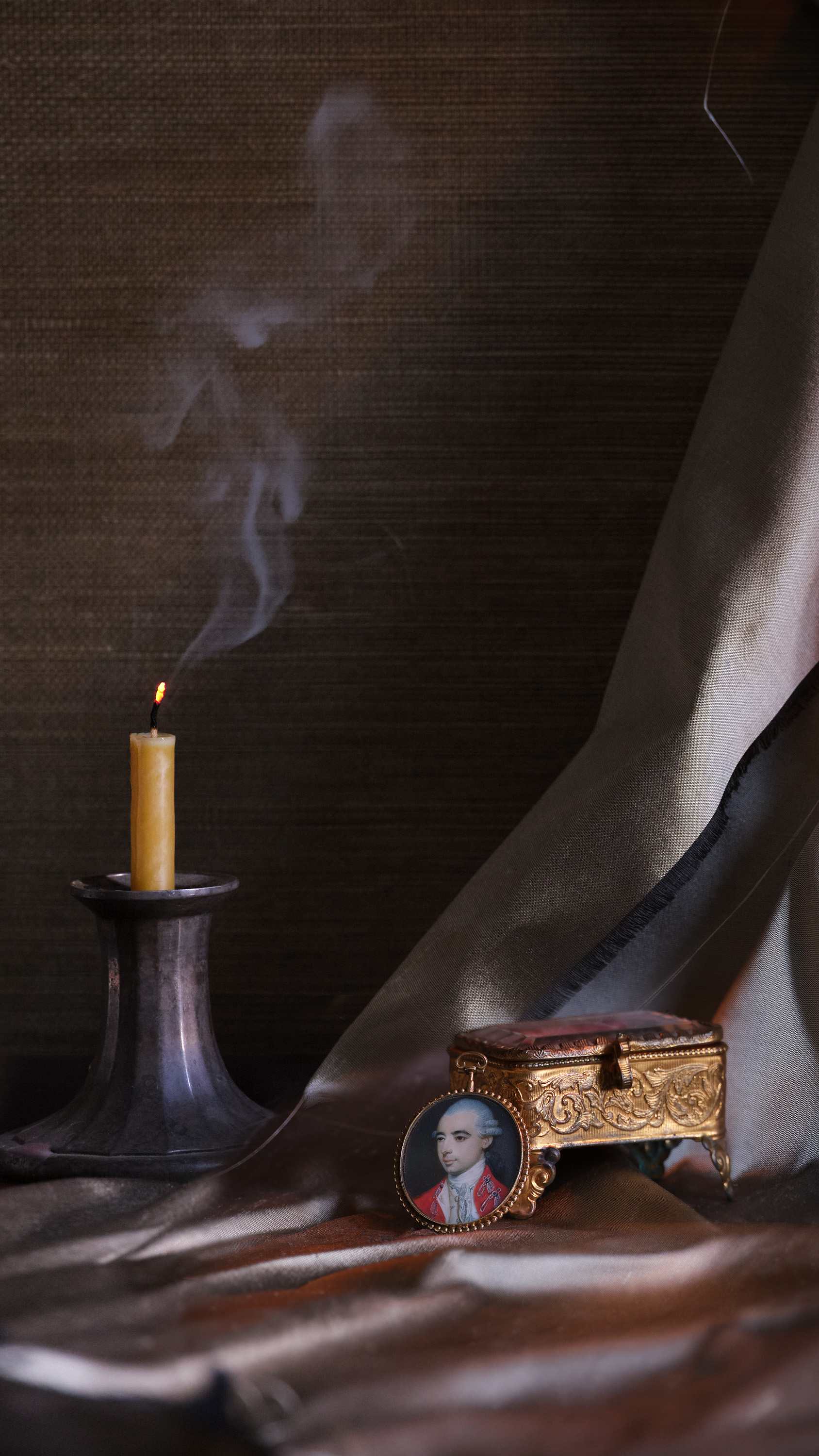Portrait of a gentleman in military-style dress, his scarlet jacket with silver braid, his cream waistcoat with blue embroidery, his powdered hair worn en queue