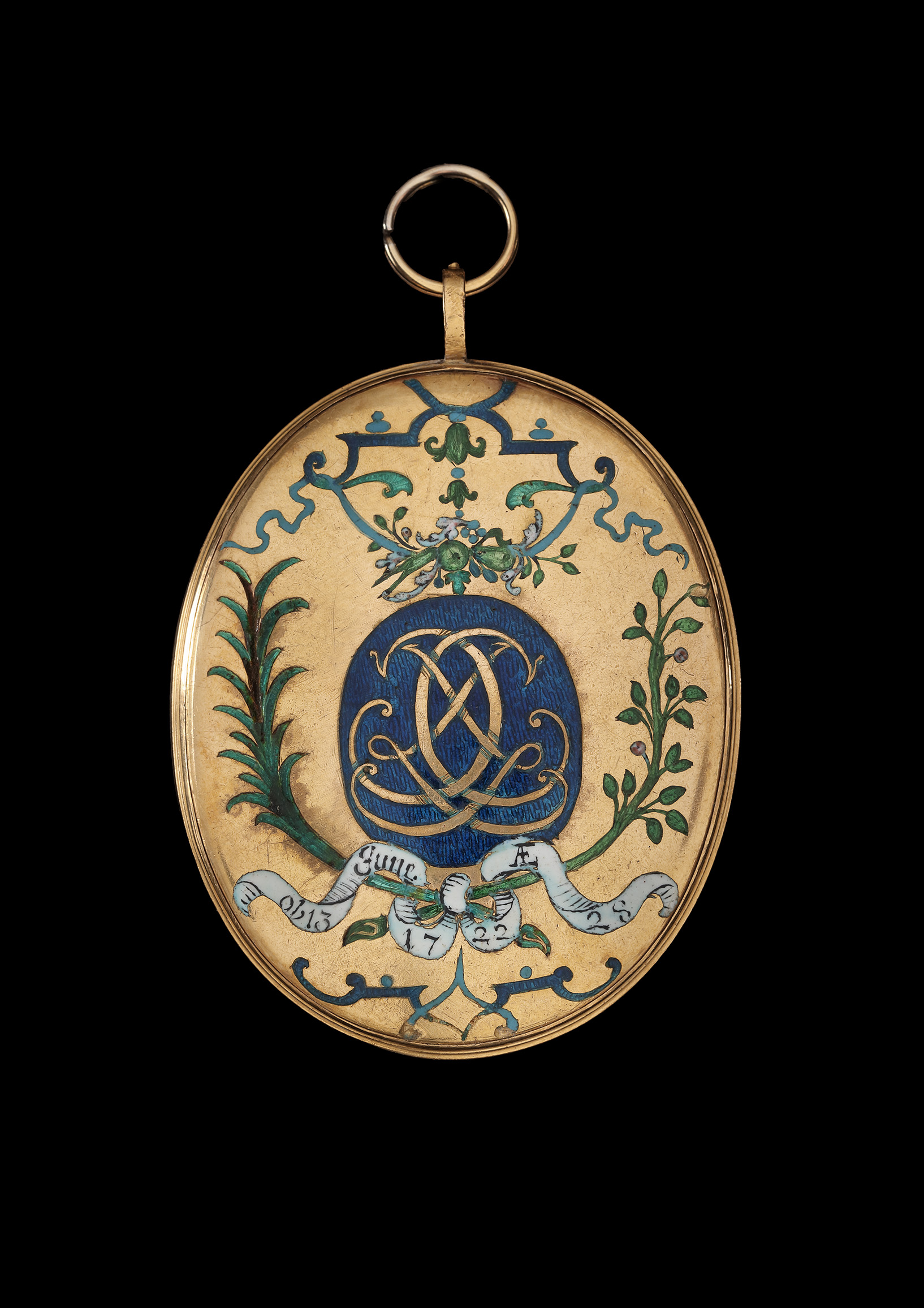 Portrait enamel of Catherine Tracy (1694-1722) in open blue silk day-gown with lace underdress, her long fair hair plaited and upswept and falling over her left shoulder