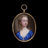 Portrait enamel of Catherine Tracy (1694-1722) in open blue silk day-gown with lace underdress, her long fair hair plaited and upswept and falling over her left shoulder