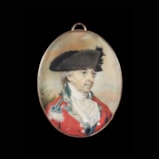 Portrait miniature of the artist’s husband, Lieutenant (later Major) Thomas Harriott (c.1747-1817), wearing uniform of the 1st Native Infantry, black bicorn hat with a rosette, landscape background