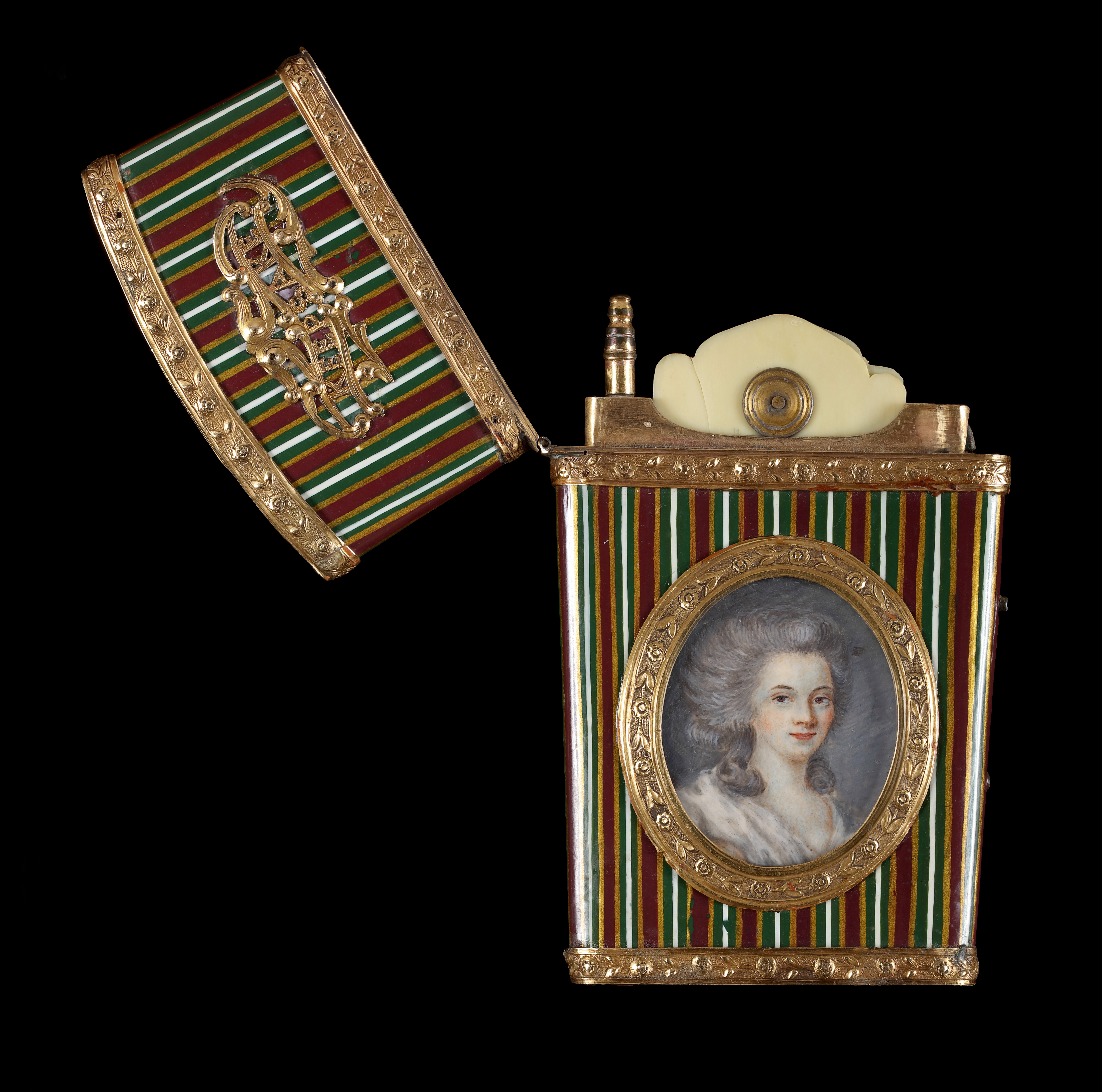 Portrait miniature of a Lady, wearing white gown, her hair powdered, set into a vari-coloured gold and painted papier-mache carnet-de-bal