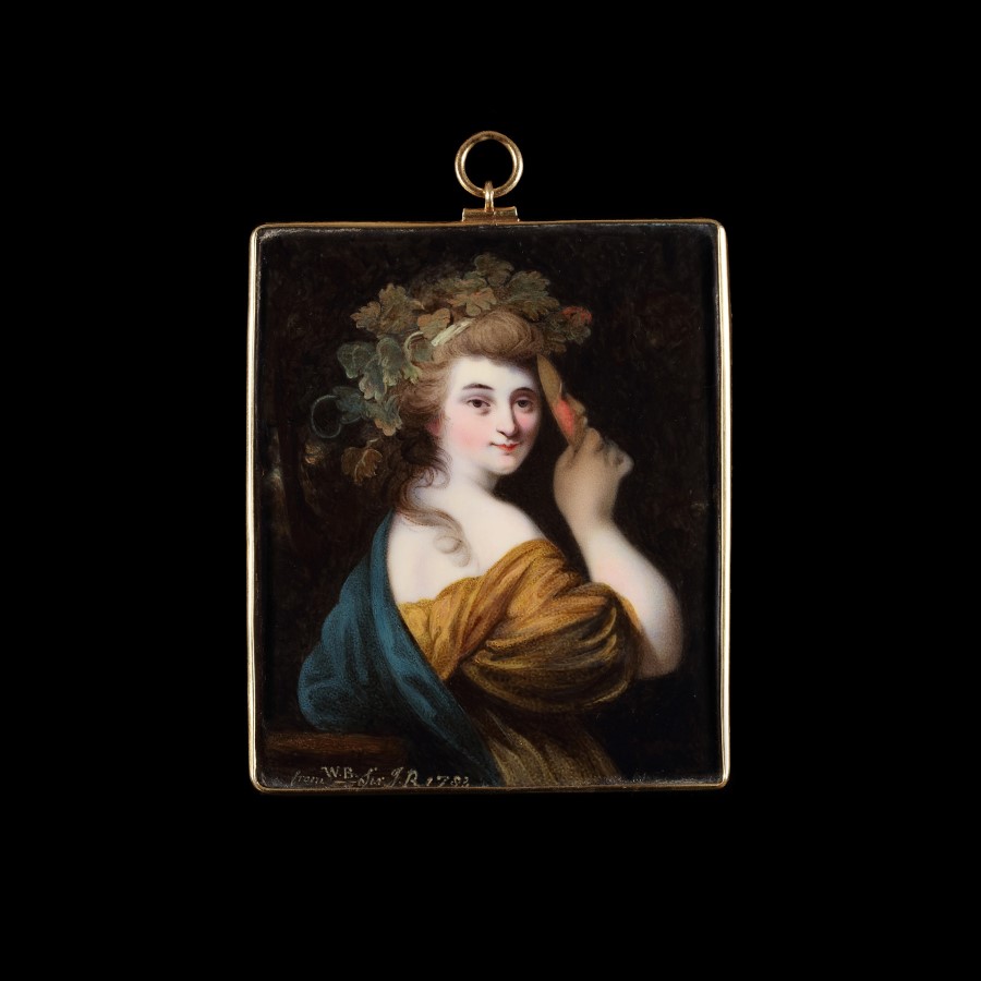 Portrait enamel of Giovanna Bacelli (full name Giovanna Francesca Antonia Giuseppa Zanerini) (1753–1801), wearing ochre dress, dark green cloak and leaves in her hair, she holds a mask in her right hand