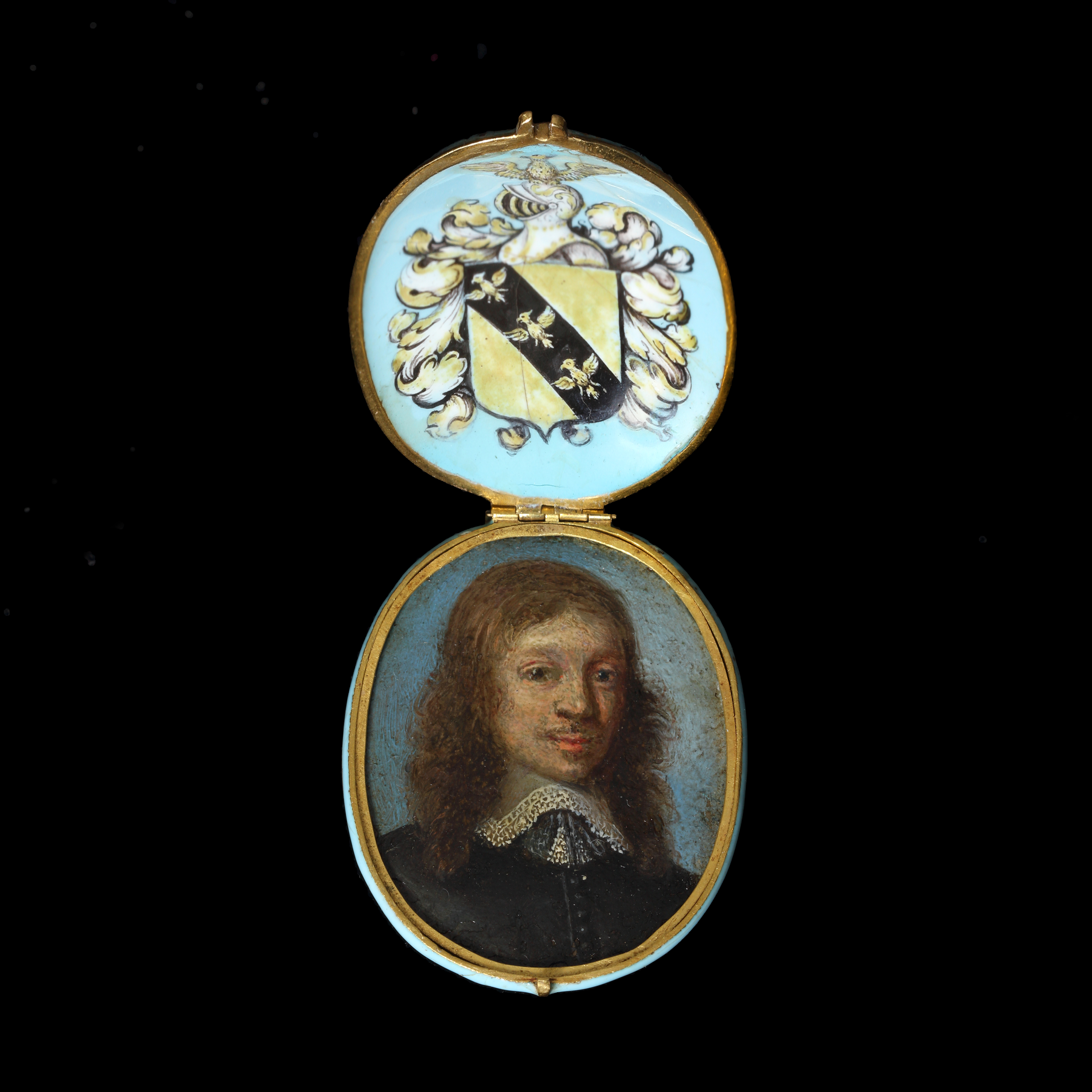 Portrait of Gentleman, possibly a member of the Ernle family, wearing black doublet and white lace collar drawn with tassels, his natural hair worn to his shoulders