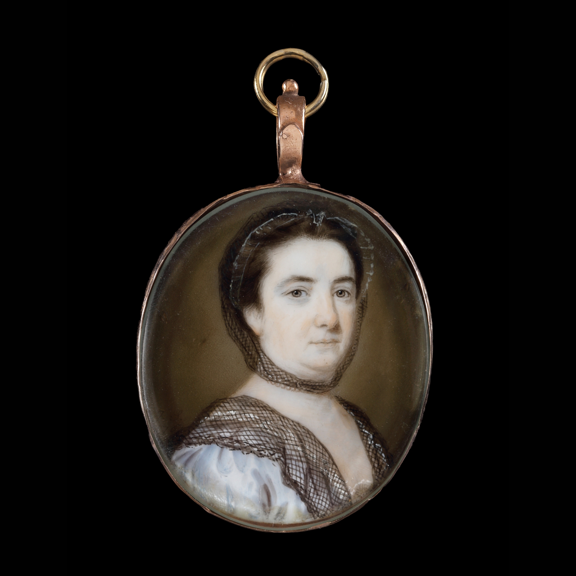 Portrait miniature of a Lady, wearing pale blue dress, white lace cap under black lace and black lace shawl