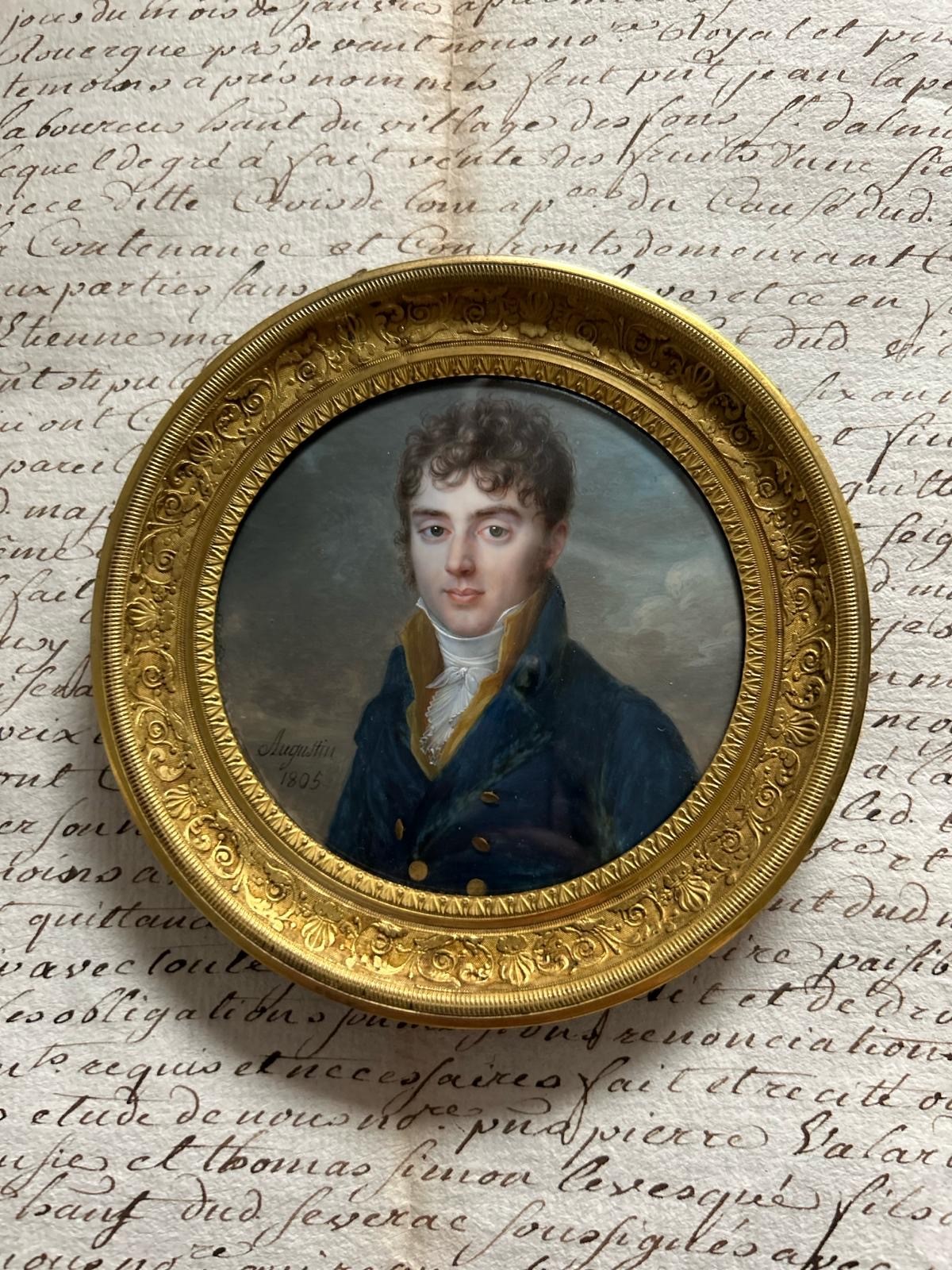 Portrait miniature of Anne-Ferdinand-Louis de Berthier, Comte de Sauvigny (1782-1864), wearing blue coat with brass buttons, ochre waistcoat and white stock