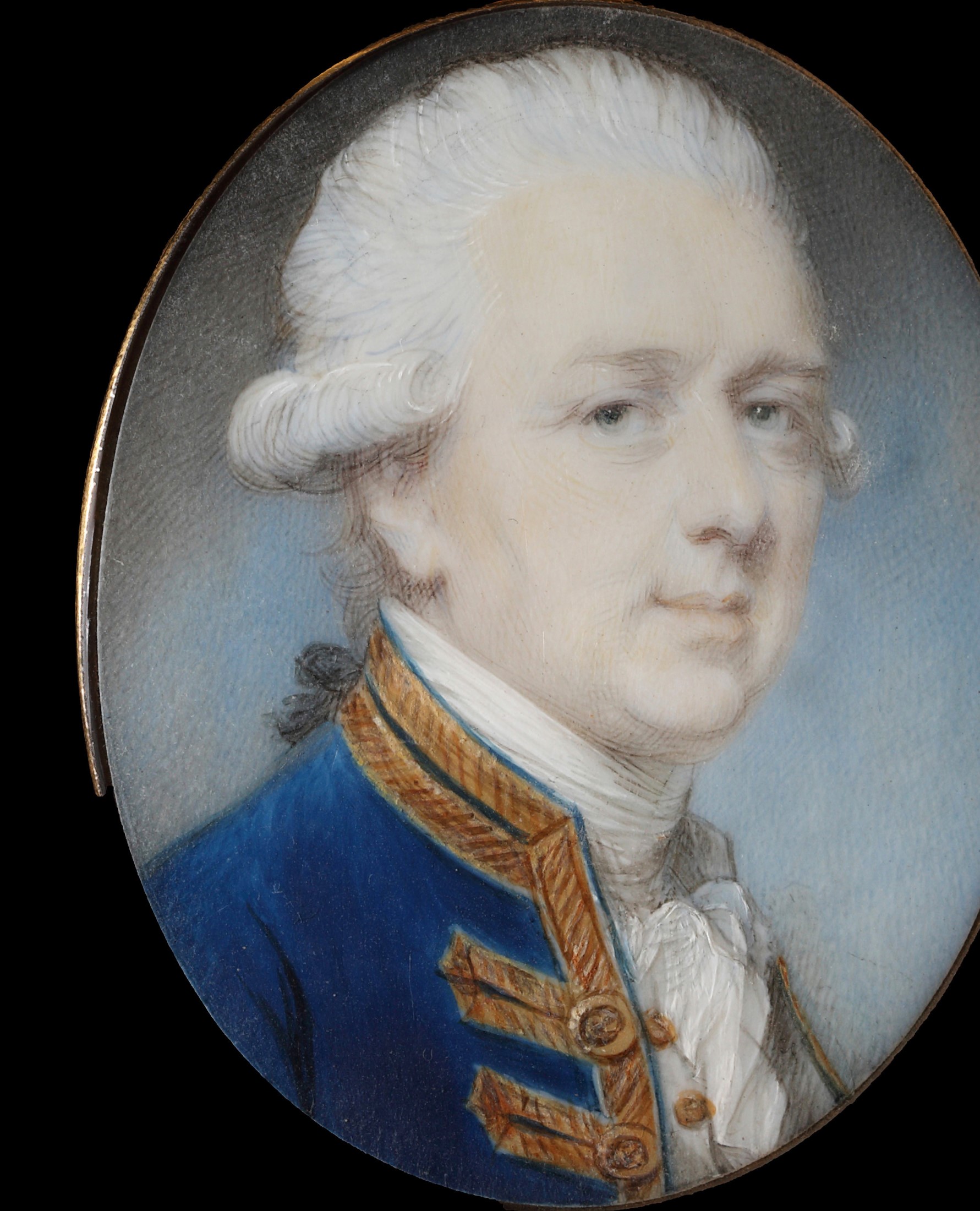 Portrait miniature of a Naval Officer, probably Charles Middleton, 1st Baron Barham (1726-1813), wearing naval uniform with gold braid and buttons, his hair powdered and worn en queue, tied with a black ribbon