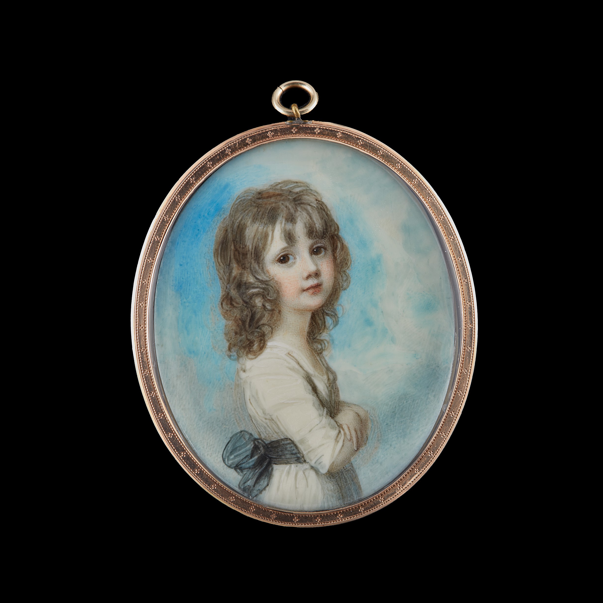 Portrait miniature of a young Girl with folded arms, wearing a white dress and a black sash