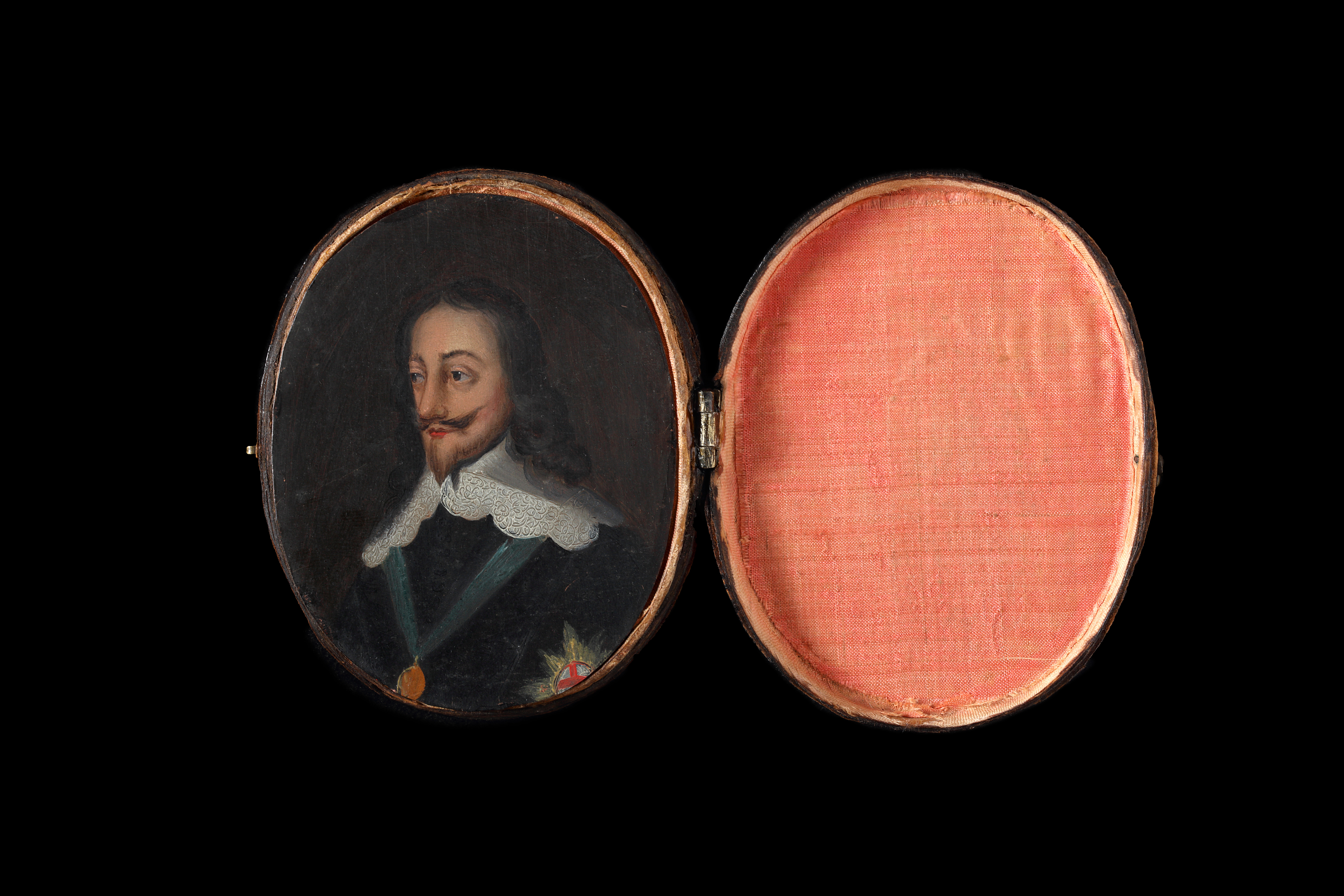 An oil portrait of Charles I (1600-1649) with 16 costume ‘mica’ talcs