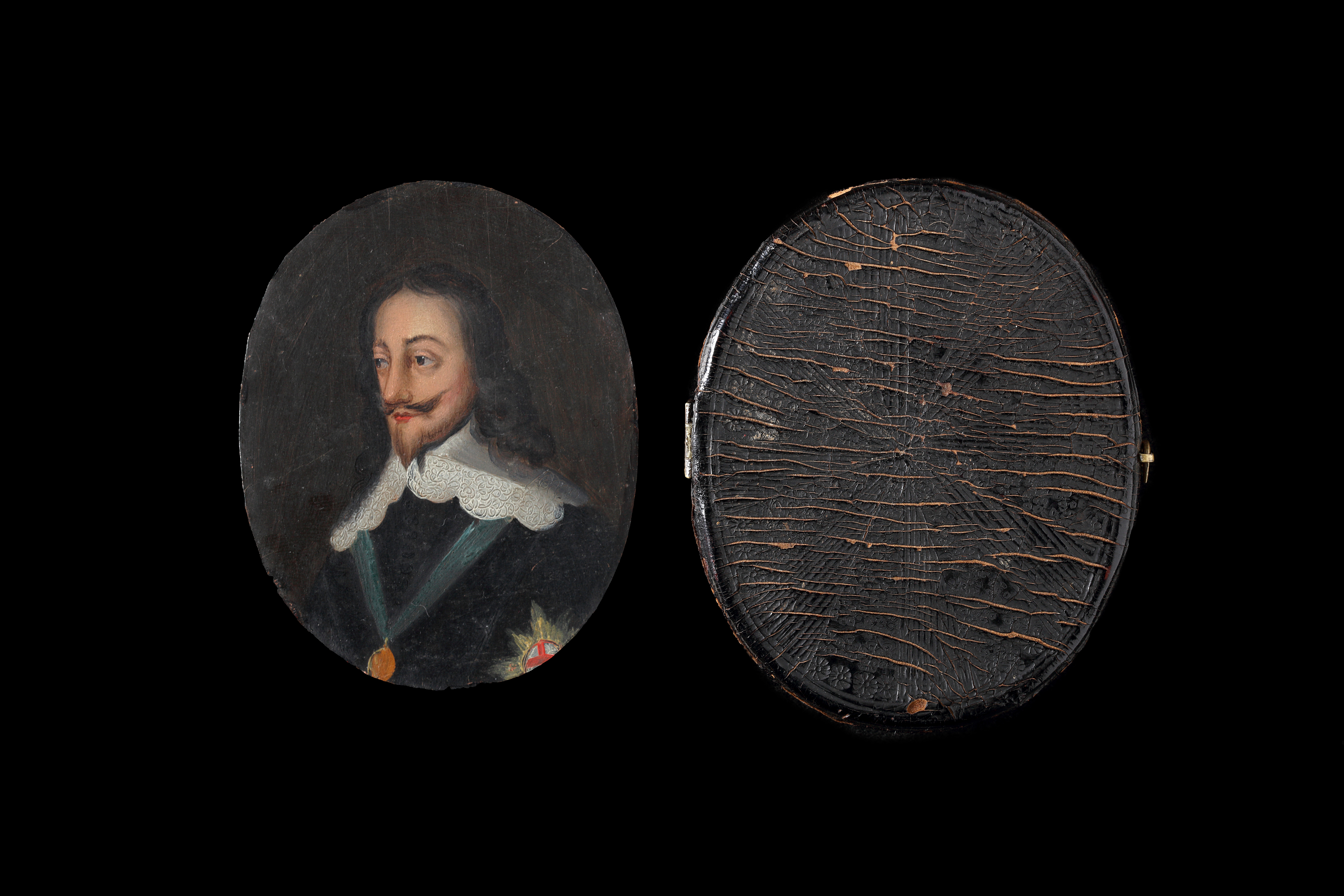 An oil portrait of Charles I (1600-1649) with 16 costume ‘mica’ talcs