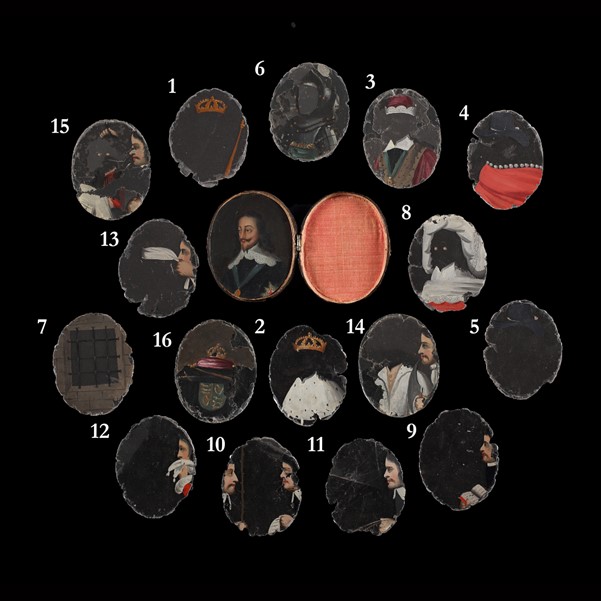 An oil portrait of Charles I (1600-1649) with 16 costume ‘mica’ talcs