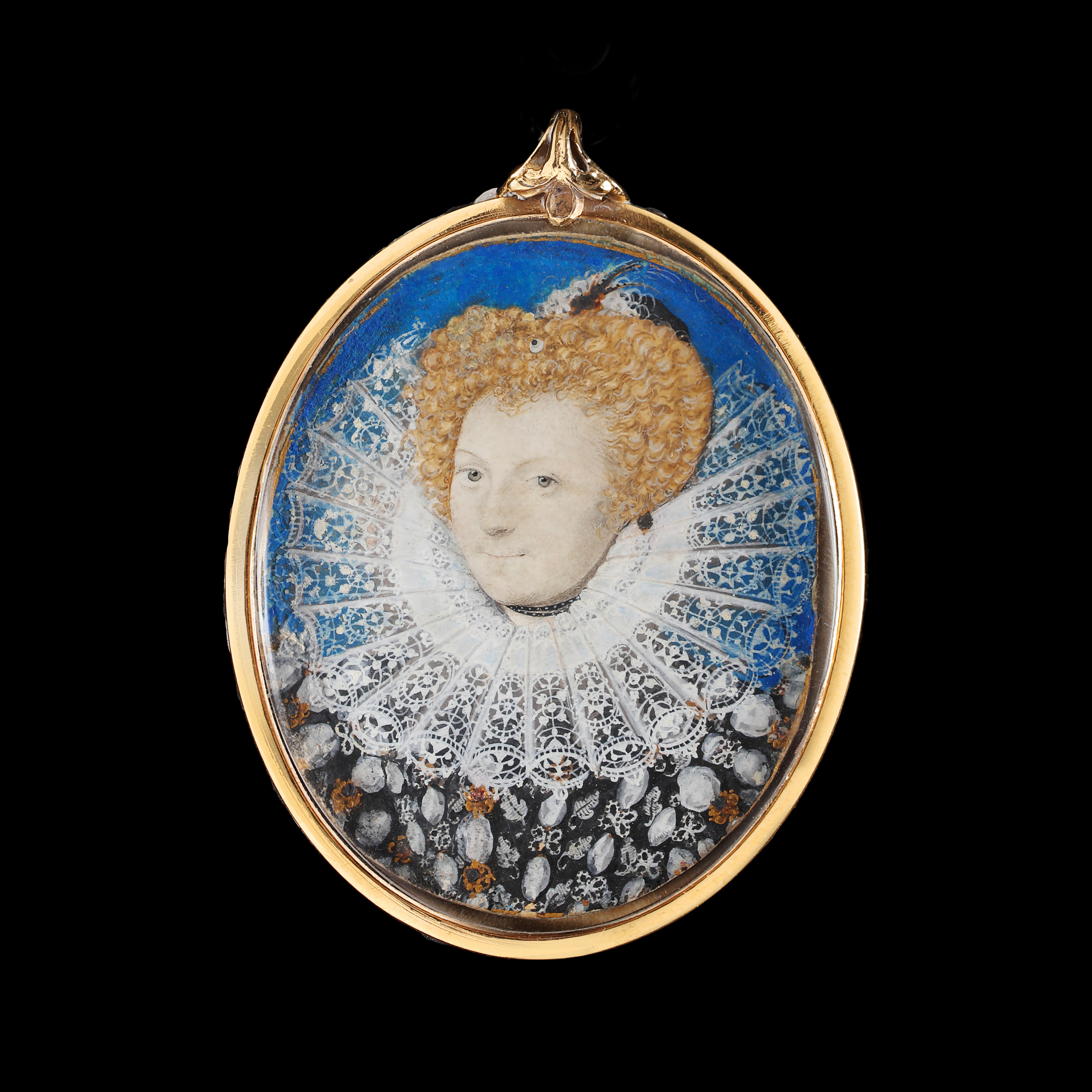 Portrait miniature of a Noblewoman, possibly of Elizabeth, Lady Leighton (née Knollys) (1549-c.1605), wearing court dress in black and white, decorated with white bows and gold and diamond jewels, large ‘cartwheel’ ruff[1]; feather hairpiece and pearl in her curled auburn hair