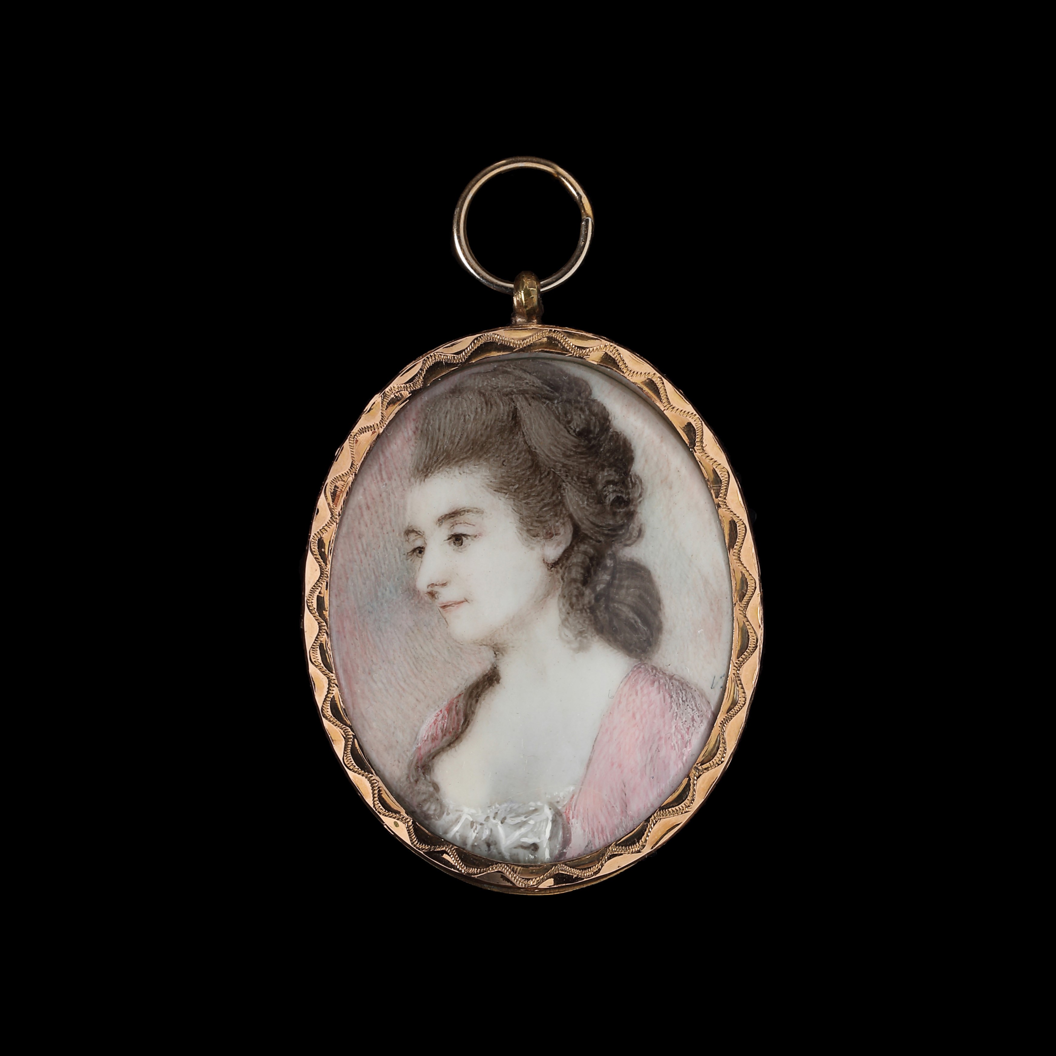 Portrait miniature of a Lady, almost profile to the left, wearing pink dress, with white underslip, her hair lightly powdered