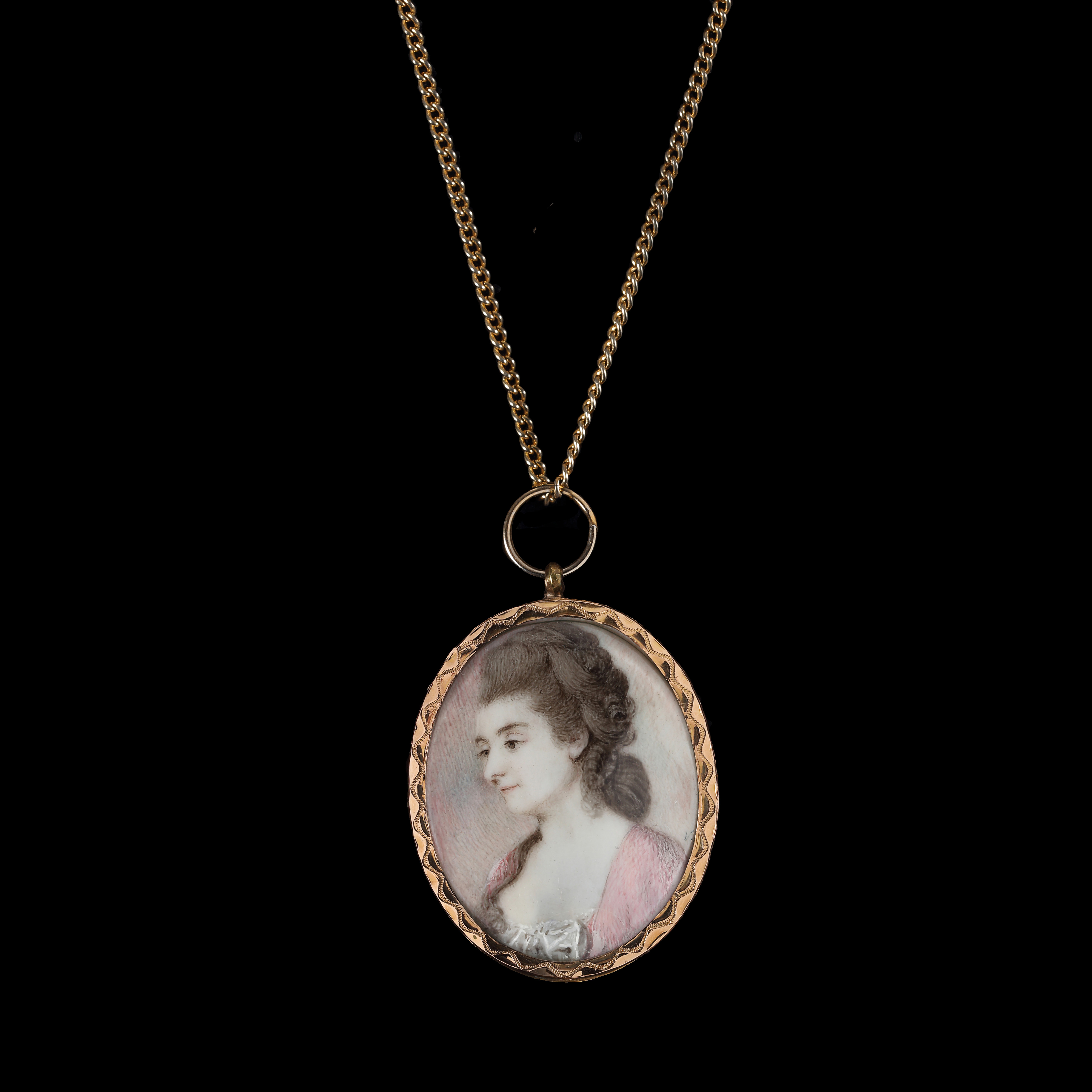 Portrait miniature of a Lady, almost profile to the left, wearing pink dress, with white underslip, her hair lightly powdered