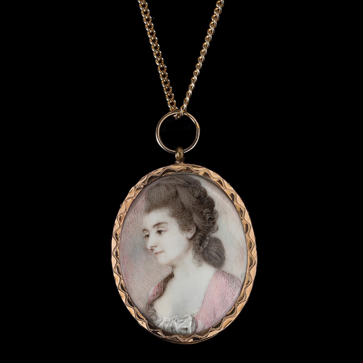 Portrait miniature of a Lady, almost profile to the left, wearing pink dress, with white underslip, her hair lightly powdered