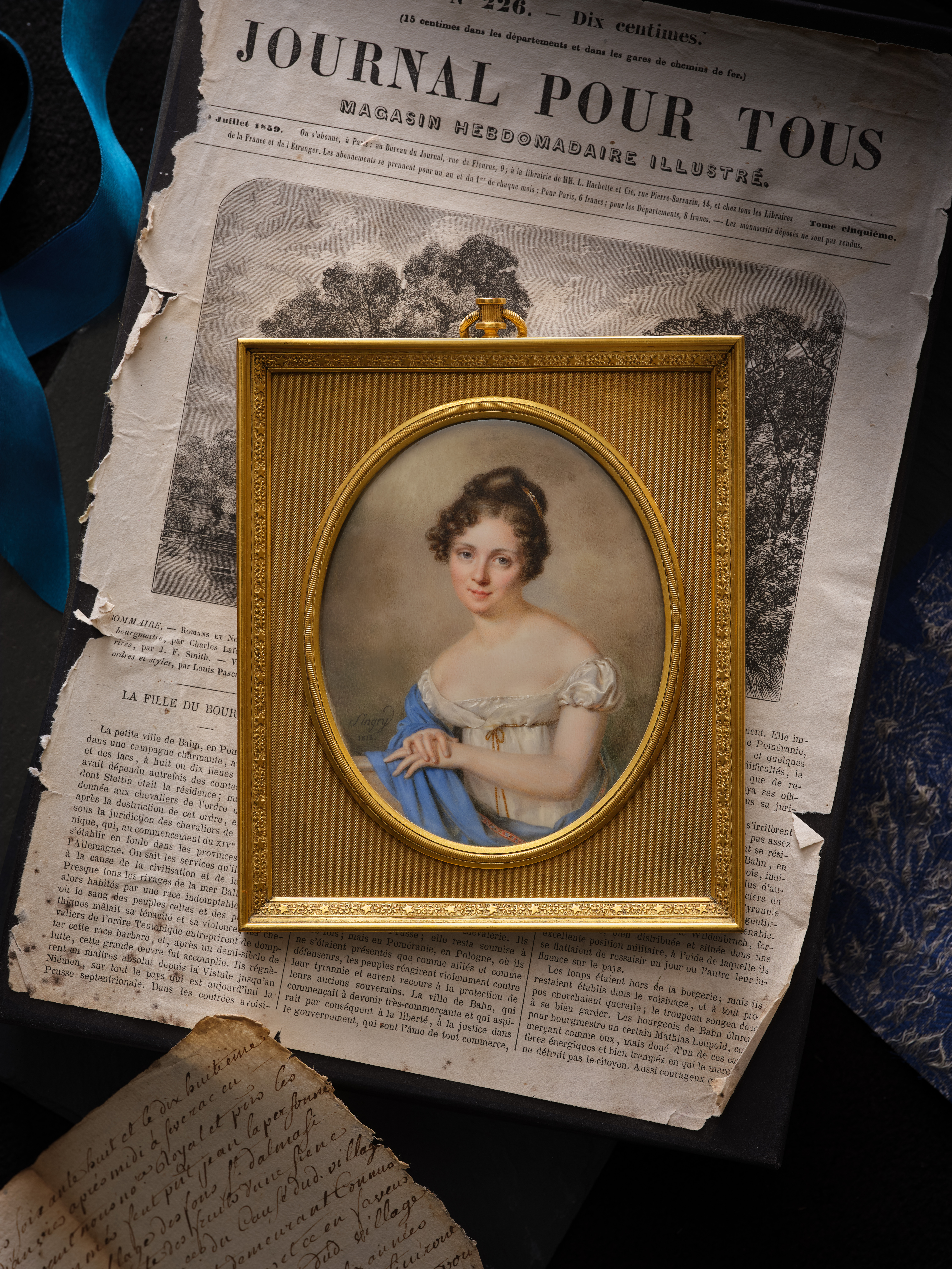 Portrait of a Lady, probably the artist’s wife, Catherine-Émélie (nèe) Mailfer, wearing white satin dress with gold cord belt, blue Kashmir stole with embroidered edging and a gold comb in her hair