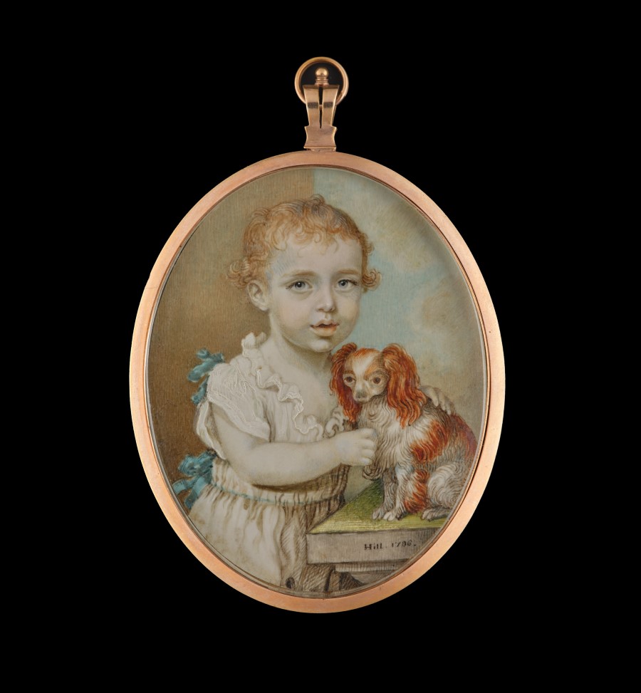Portrait miniature of a Child, possibly of the Graham family, wearing white cotton smock and holding a spaniel on a stone plinth