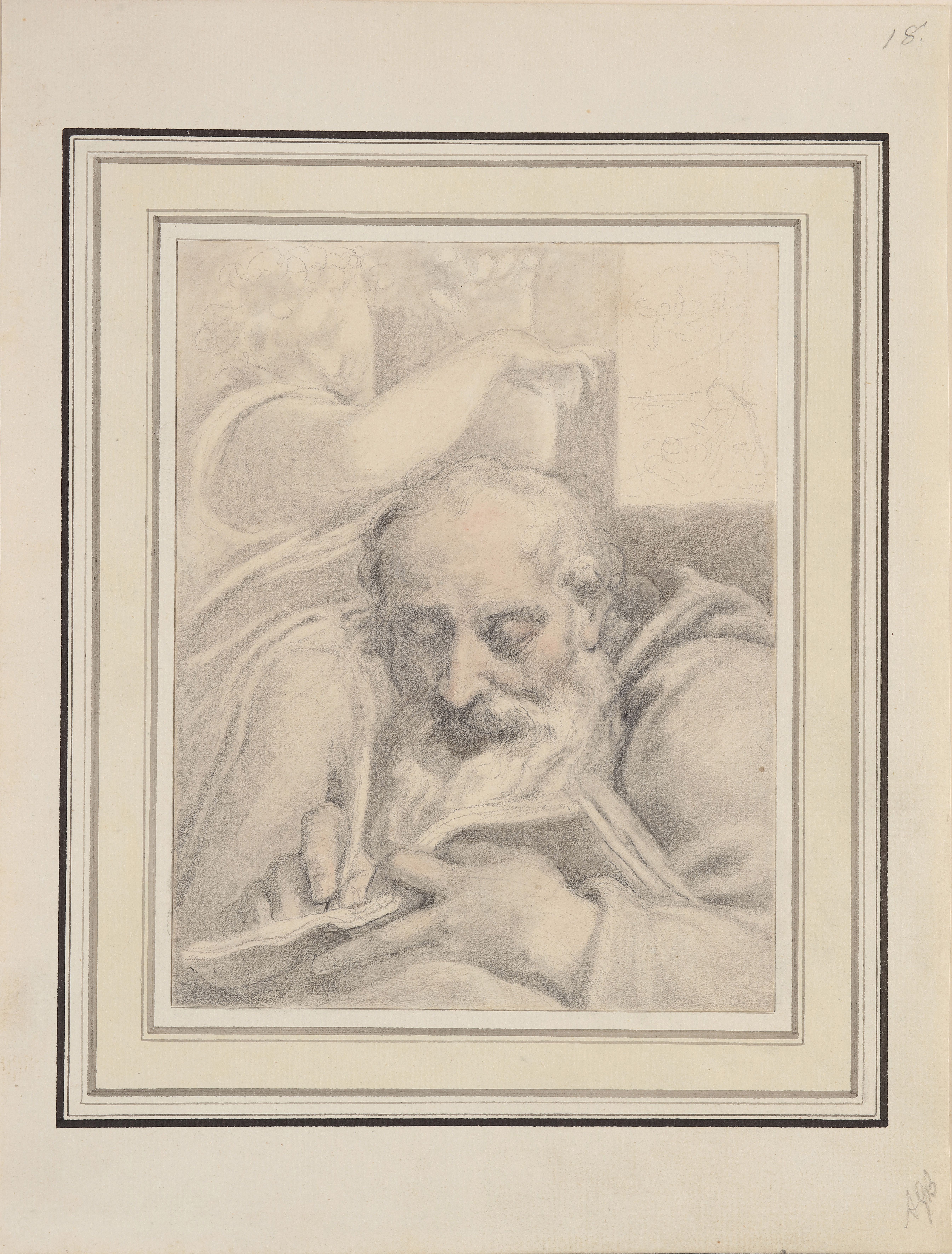 A drawing of a half-length seated elderly saint, possibly Matthew the Apostle, visited by an Angel; circa 1810-19