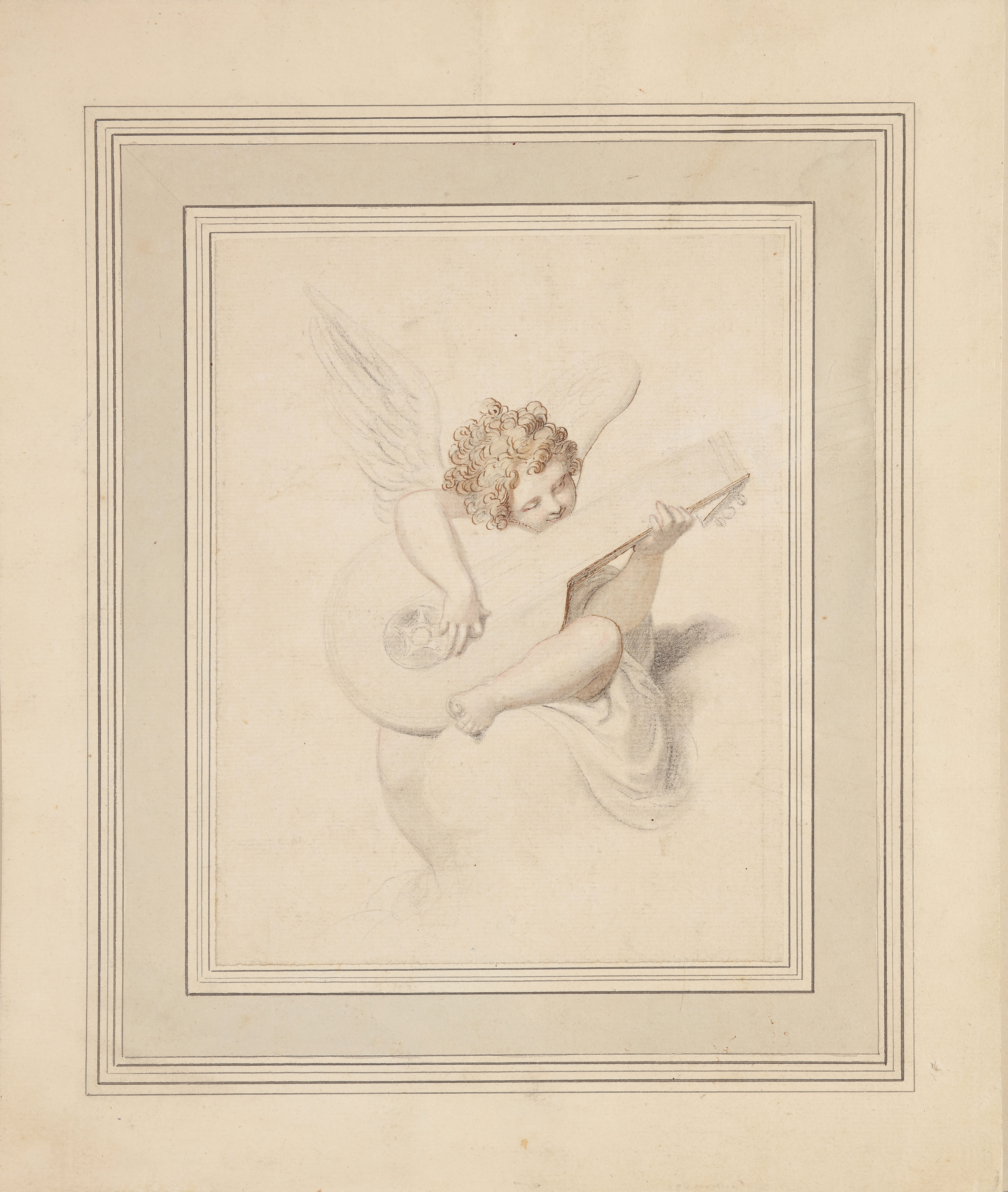 A drawing of a seated winged Putto, or Cherub, playing the lute; circa 1790-1800