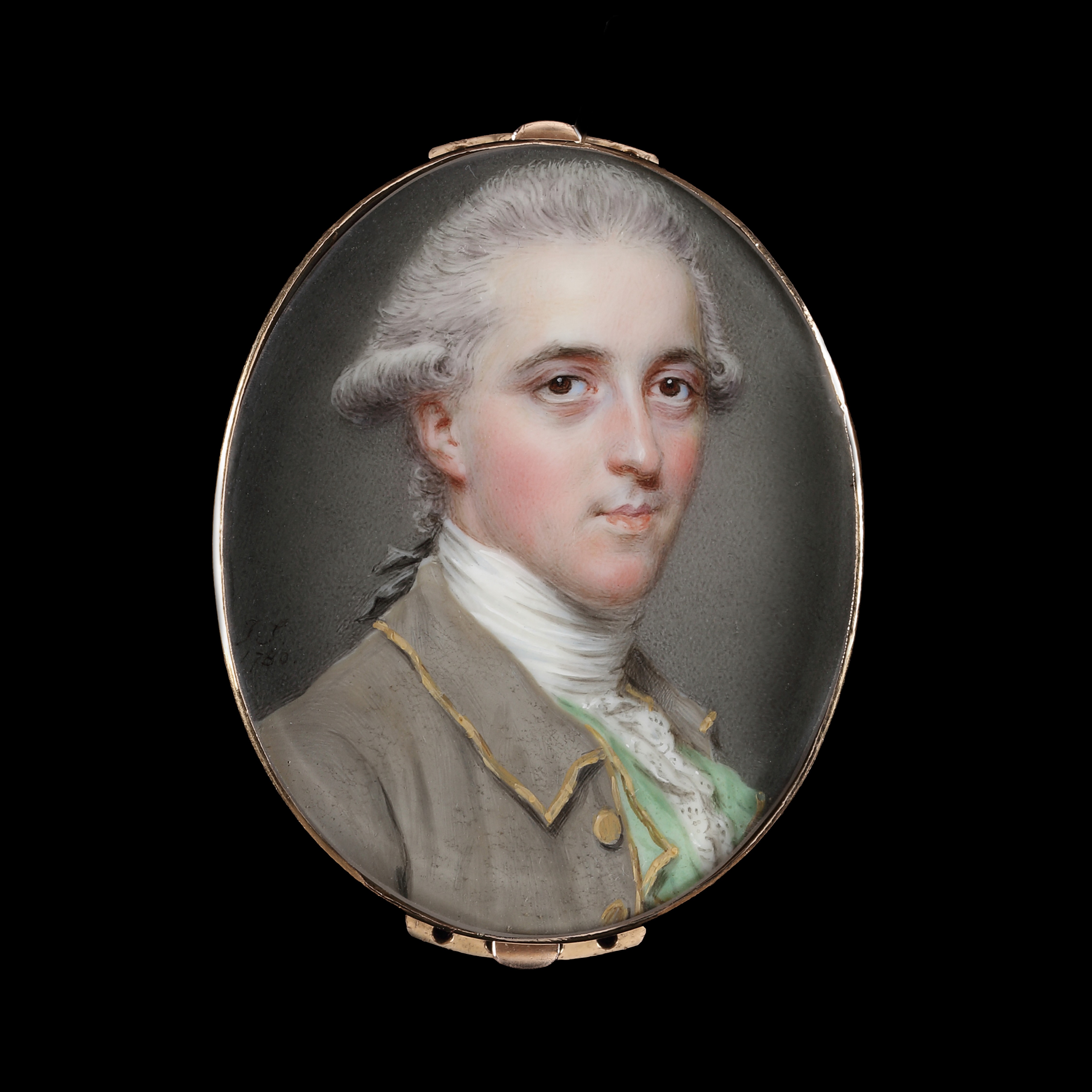 Portrait Miniature of Sir George Paunceforte-Bromley, 2nd Bt. (1753-1808), wearing a brown coat with gold trim and buttons, a light green waistcoat, and white stock and lace cravat, his hair powdered pink and worn en queue. 