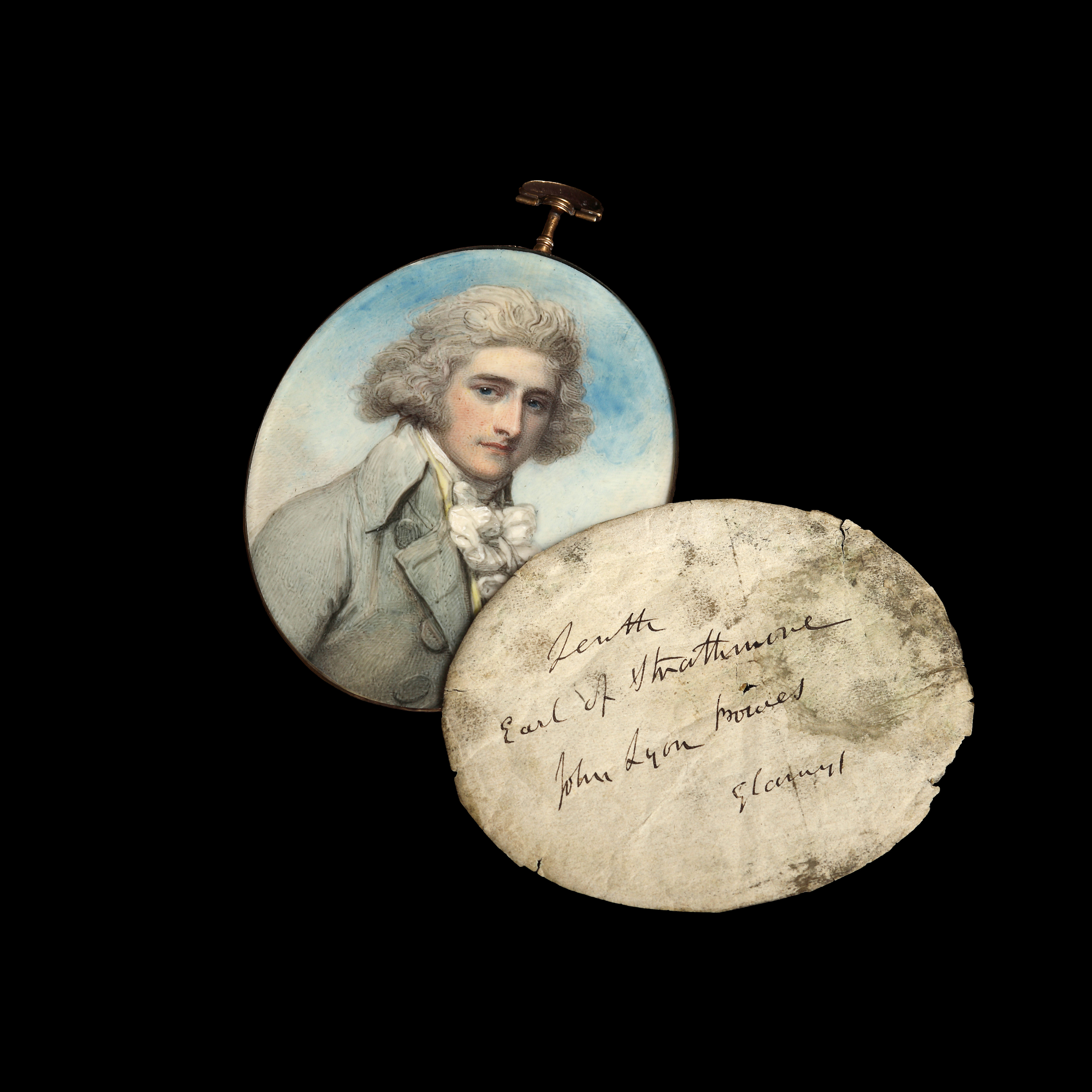 Portrait miniature of John Bowes, 10th Earl of Strathmore (1769-1820), wearing a light blue coat, yellow waistcoat, and white frilled cravat, his hair powdered white